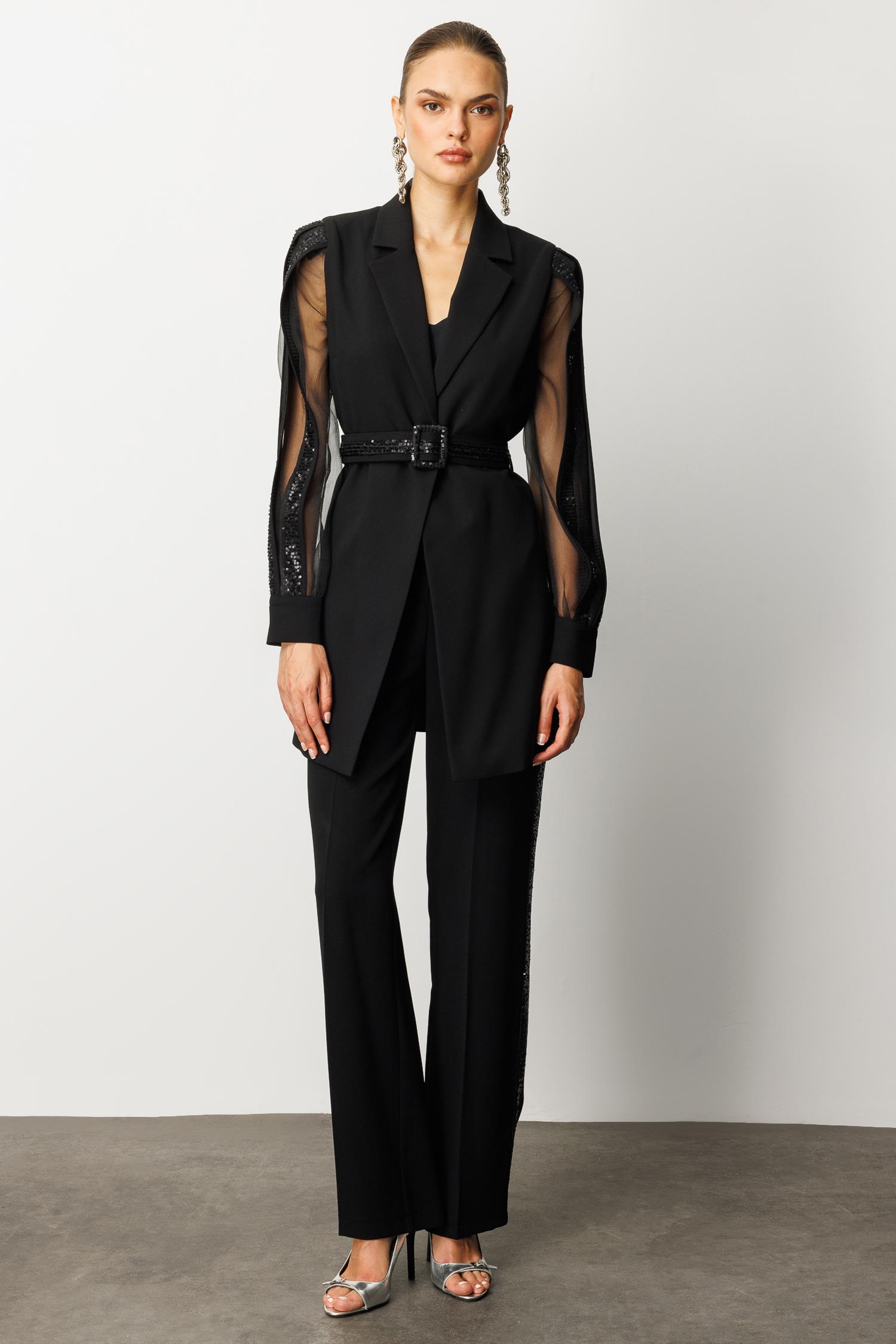 Modailgi  Kolları Şerit Pul Payet Atletli Ceket Siyah