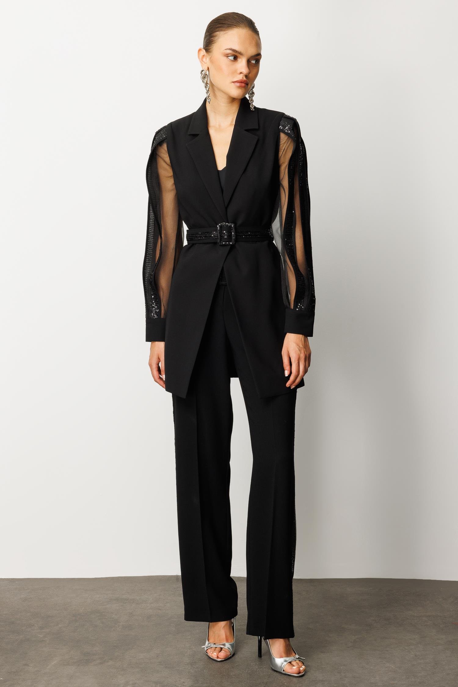 Modailgi  Kolları Şerit Pul Payet Atletli Ceket Siyah