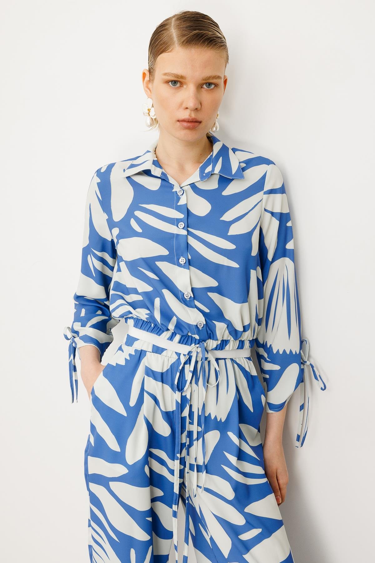 Modailgi  Kolları ve Etek Ucu Bağlama Detaylı Etek Altı Lastikli Gömlek İndigo