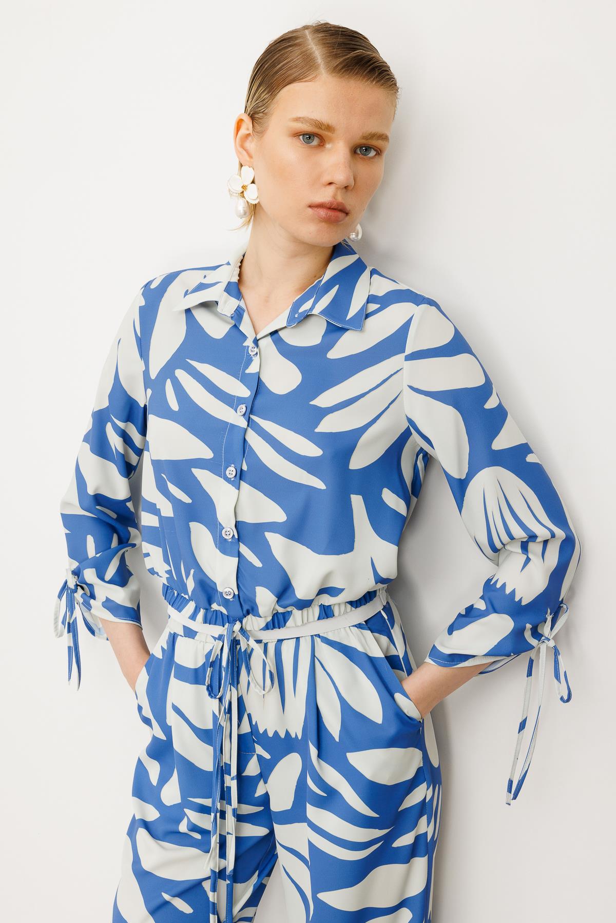 Modailgi  Kolları ve Etek Ucu Bağlama Detaylı Etek Altı Lastikli Gömlek İndigo