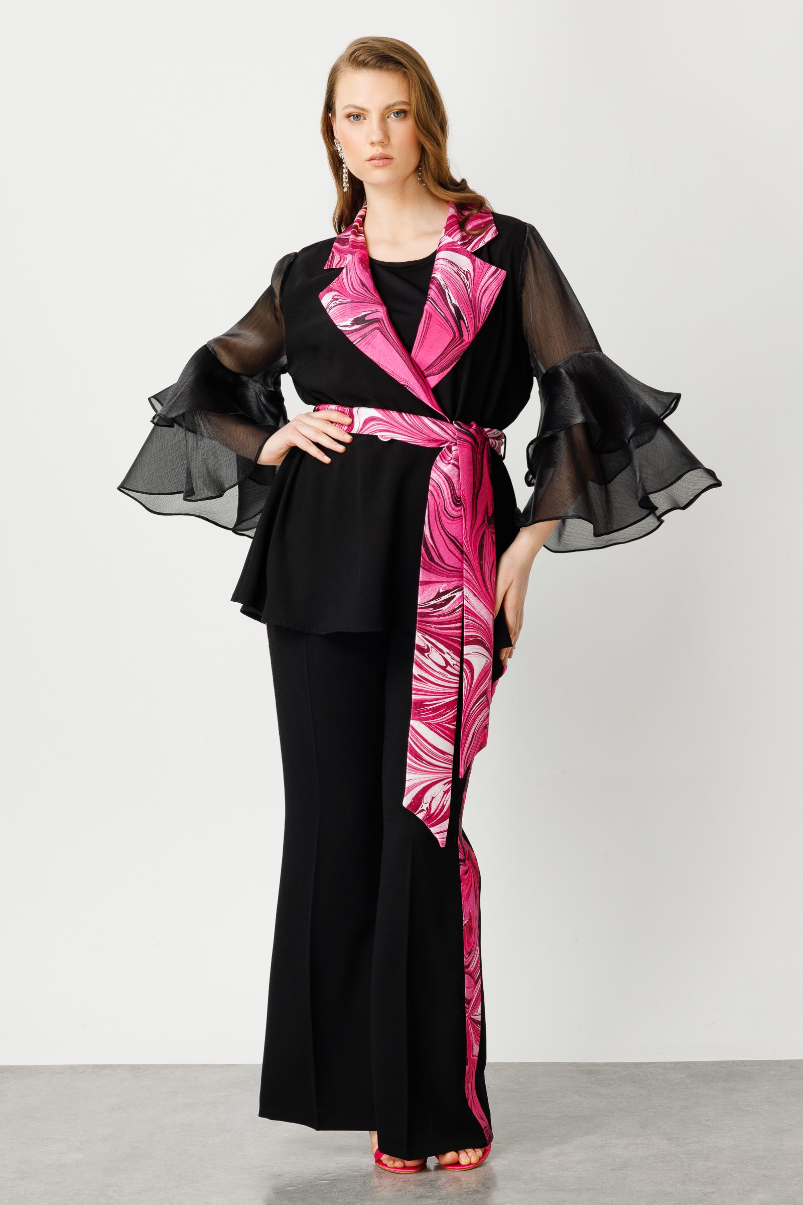 Modailgi  Kolları Volanlı Yakası Desenli Ceket Fuşya