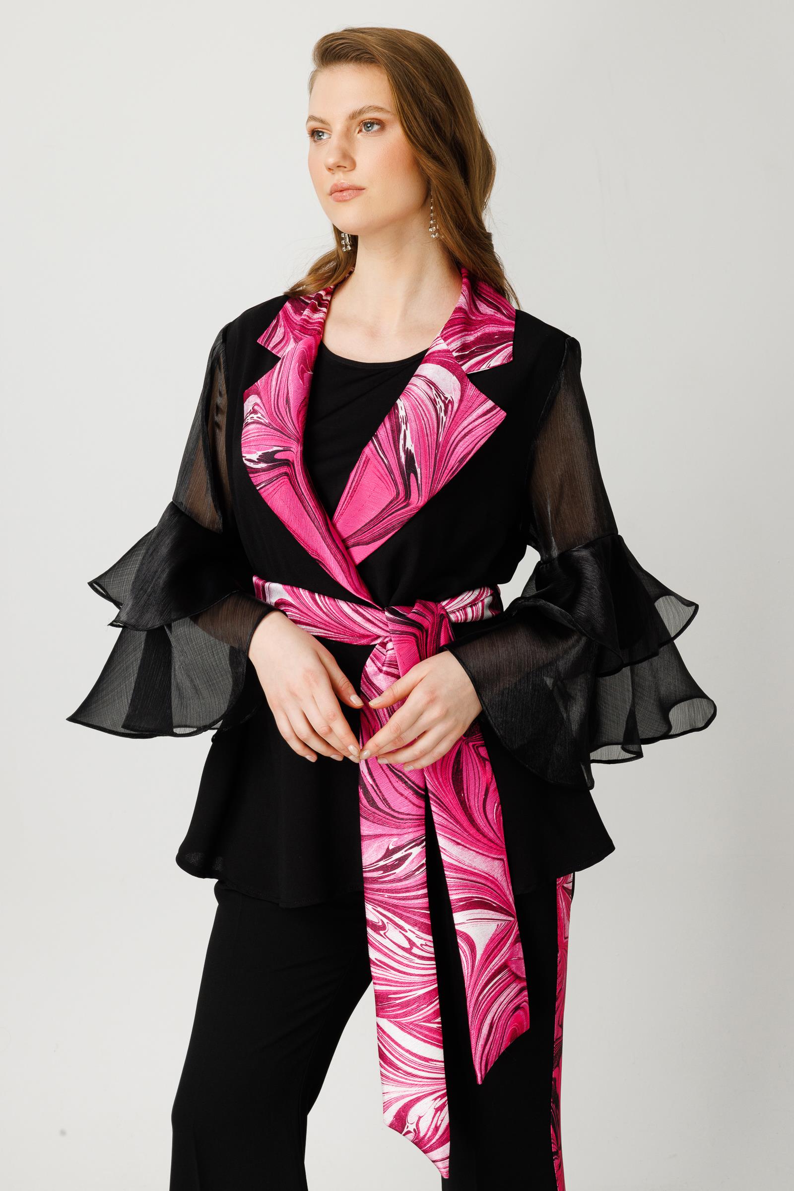 Modailgi  Kolları Volanlı Yakası Desenli Ceket Fuşya