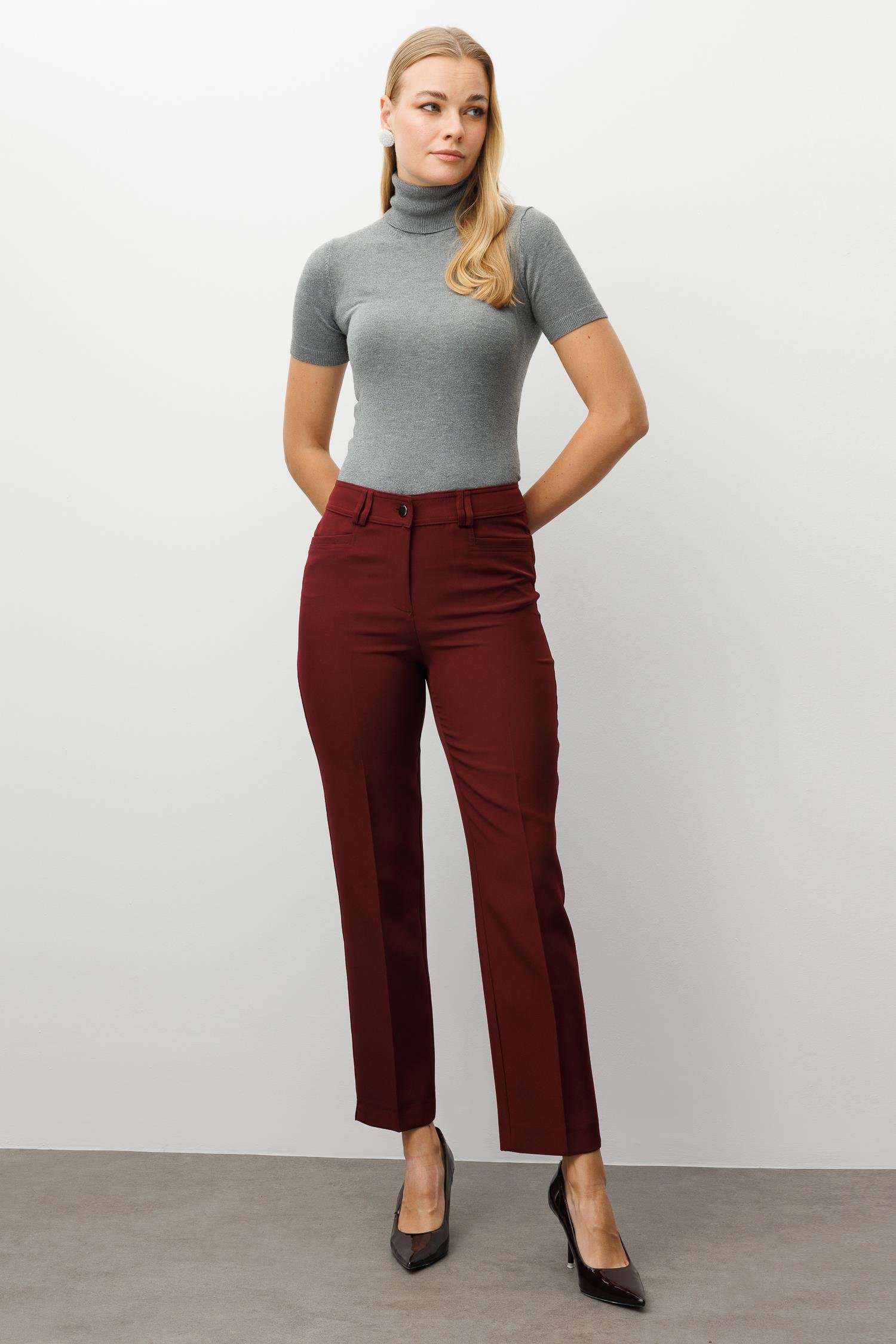 Modailgi  Köşe Cep Dar Paça Pantolon Bordo