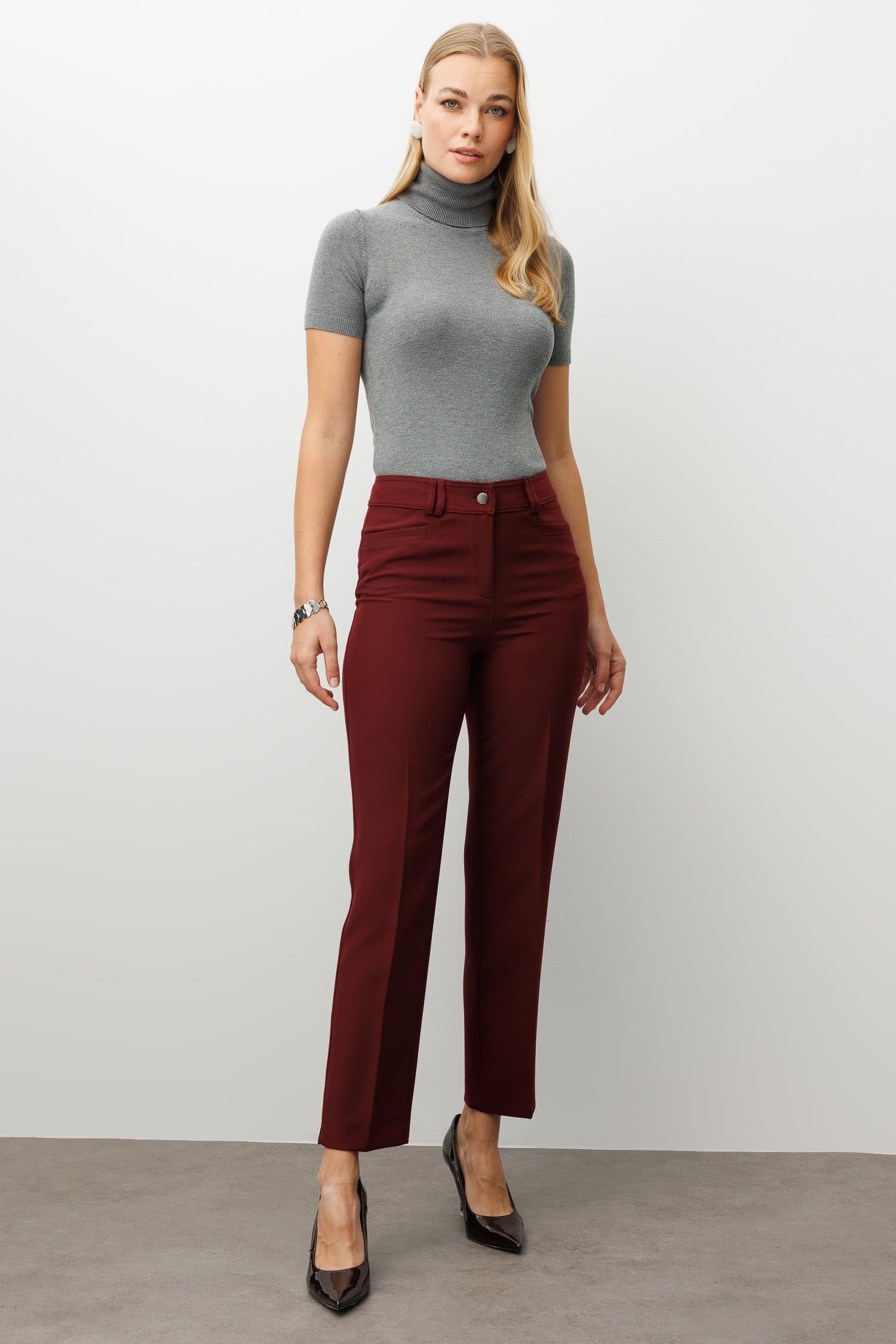 Modailgi  Köşe Cep Dar Paça Pantolon Bordo