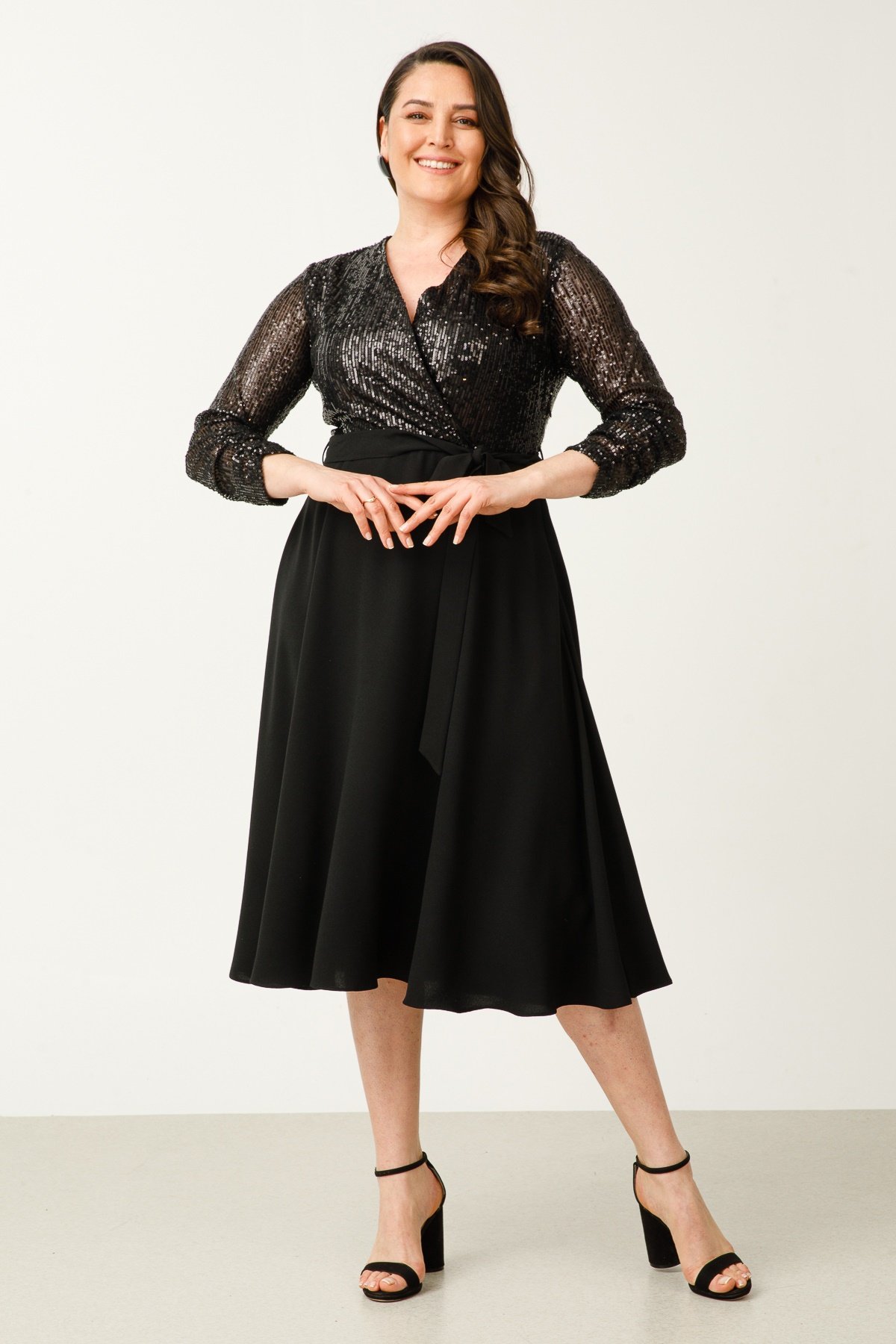 Modailgi  Kruvaze Kapama Payet Elbise Siyah