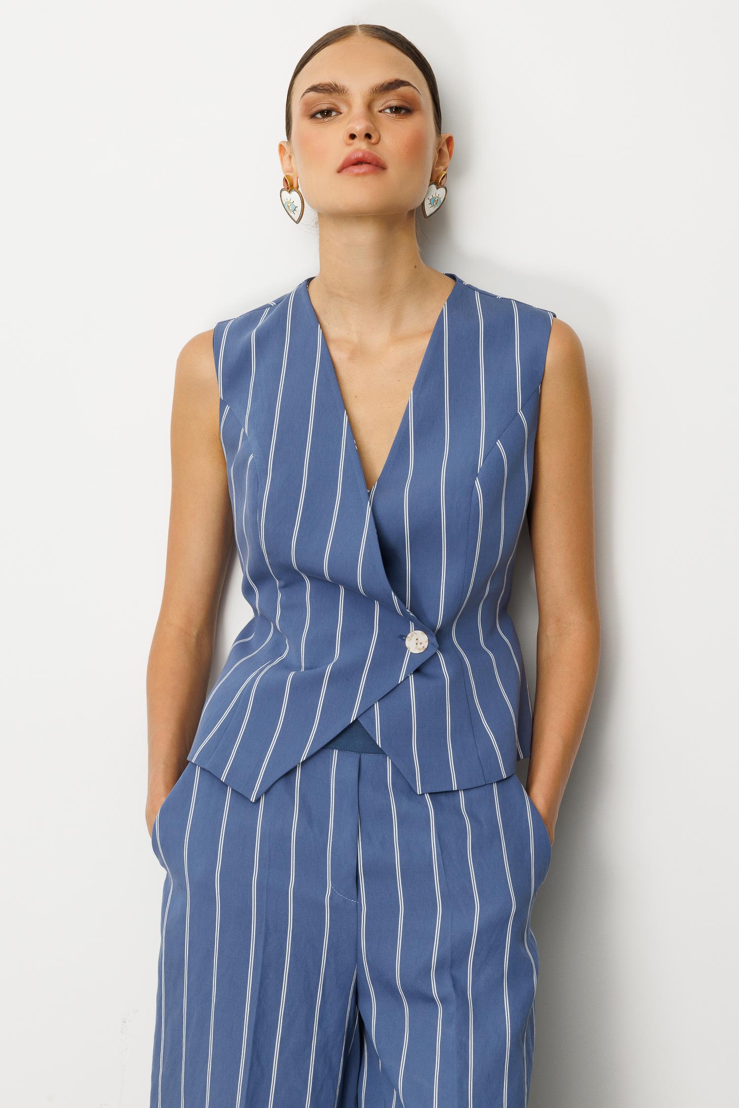 Modailgi  Kruvaze Kapamalı Bağlama Detaylı Asimetrik Kesim Yelek İndigo