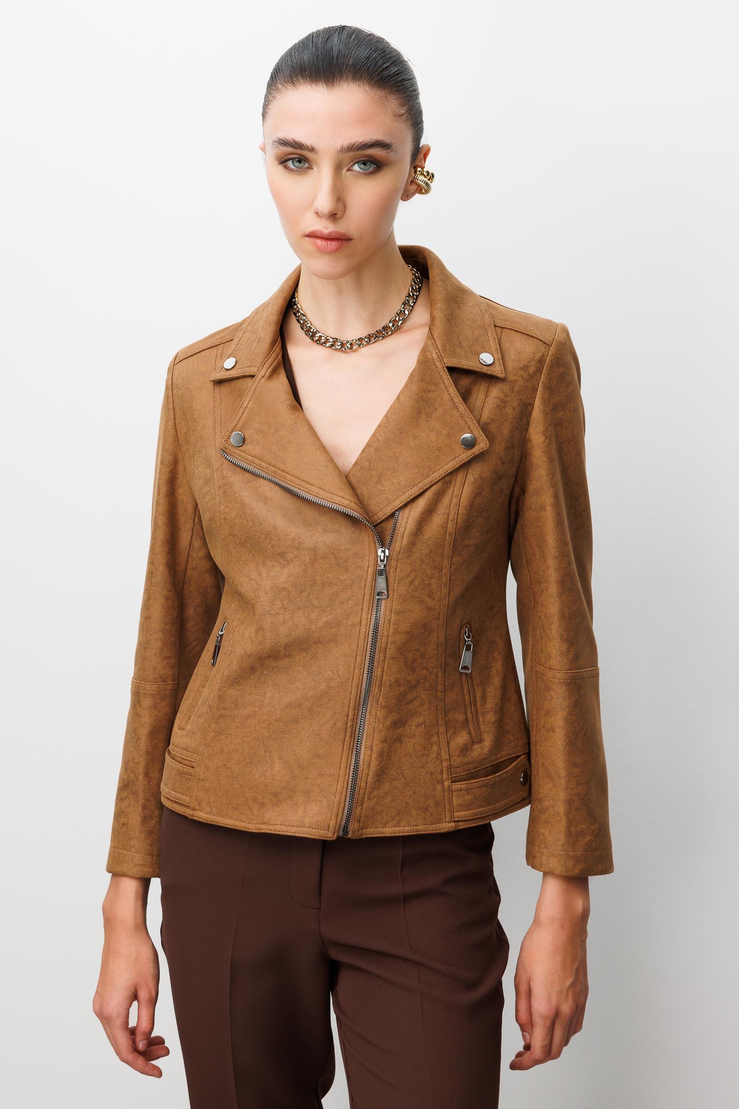 Modailgi  Kruvaze Kapamalı Fermuarlı Spor Dikişli Ve Kesikli Kısa Mont Ceket Taba