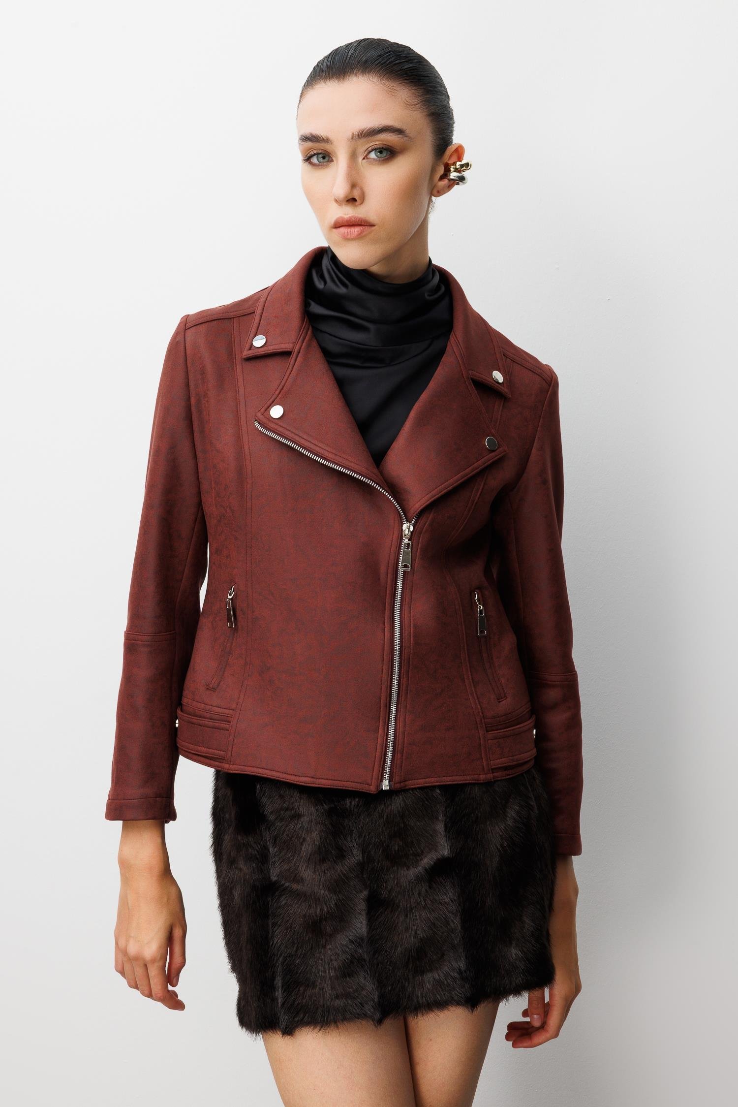 Modailgi  Kruvaze Kapamalı Fermuarlı Spor Dikişli Ve Kesikli Kısa Mont Ceket Bordo