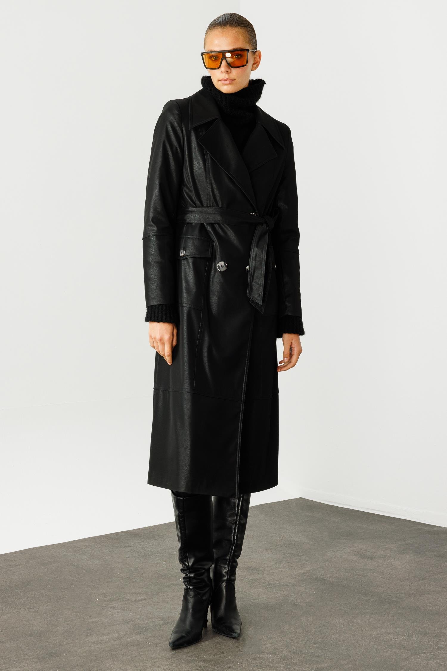 Modailgi  Kruvaze Kapamalı Uzun Deri Trençkot Siyah