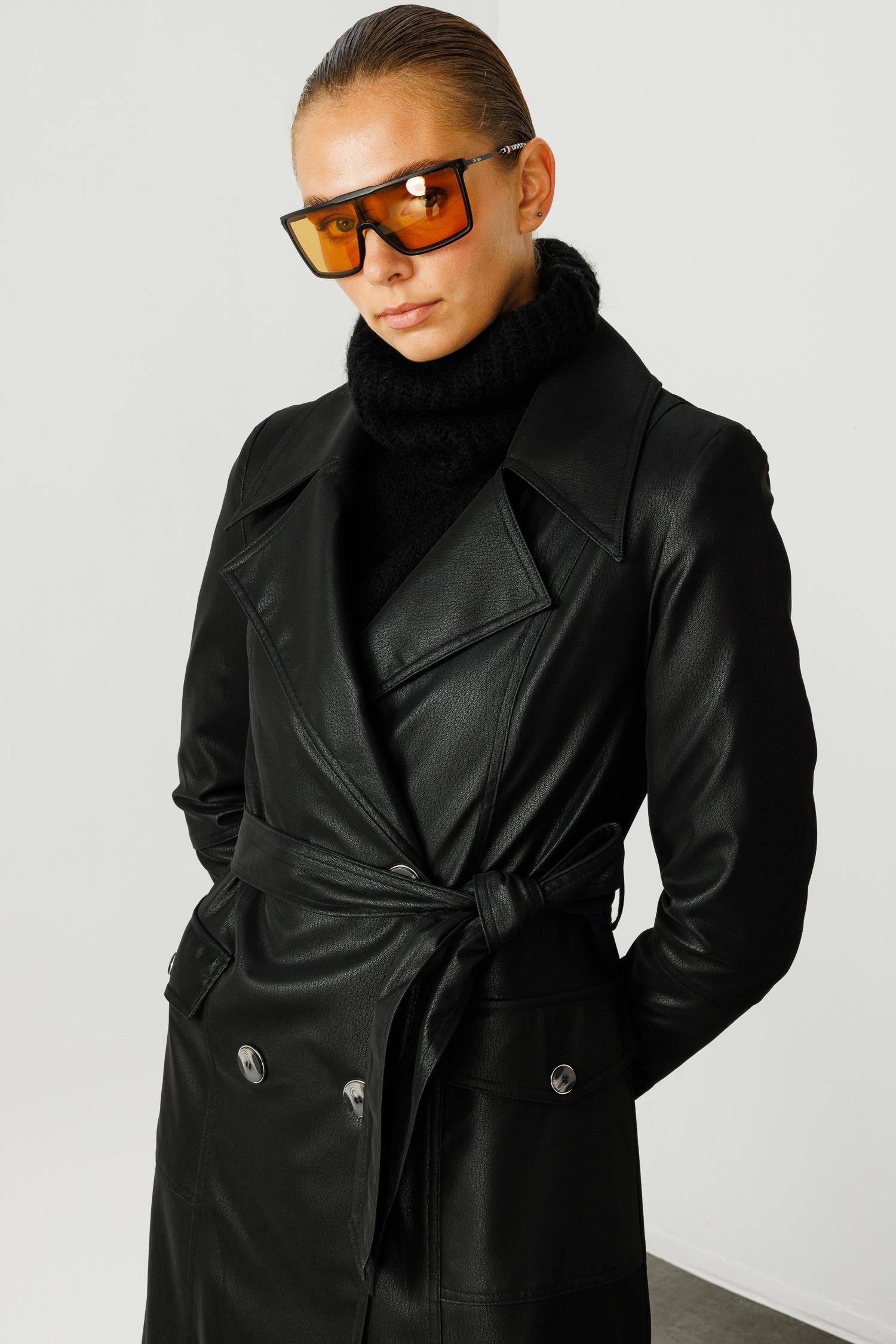 Modailgi  Kruvaze Kapamalı Uzun Deri Trençkot Siyah