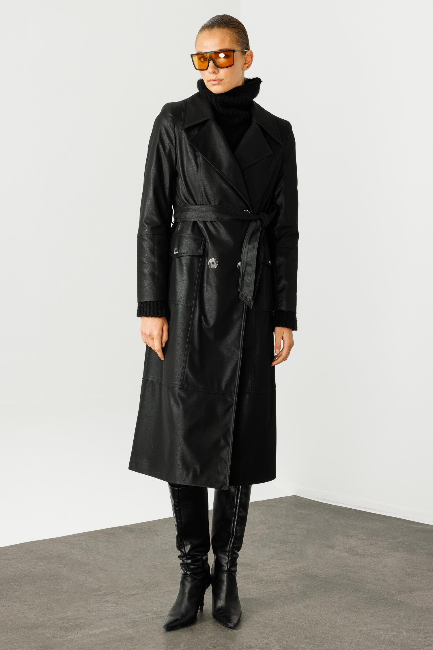 Modailgi  Kruvaze Kapamalı Uzun Deri Trençkot Siyah