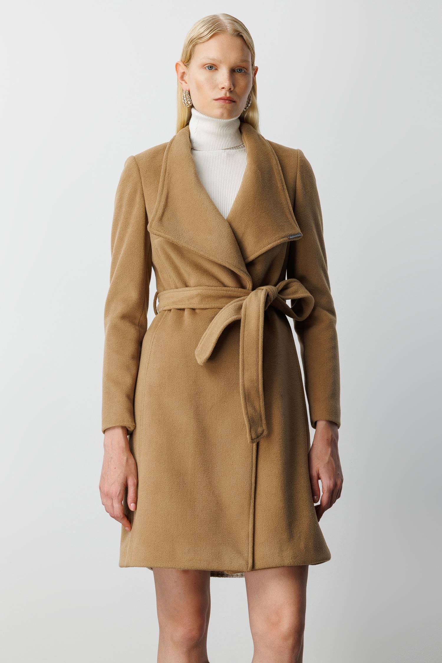 Modailgi  Kruvaze Kapamalı Yandan Kuşaklı Devrik Yaka Kaban Camel