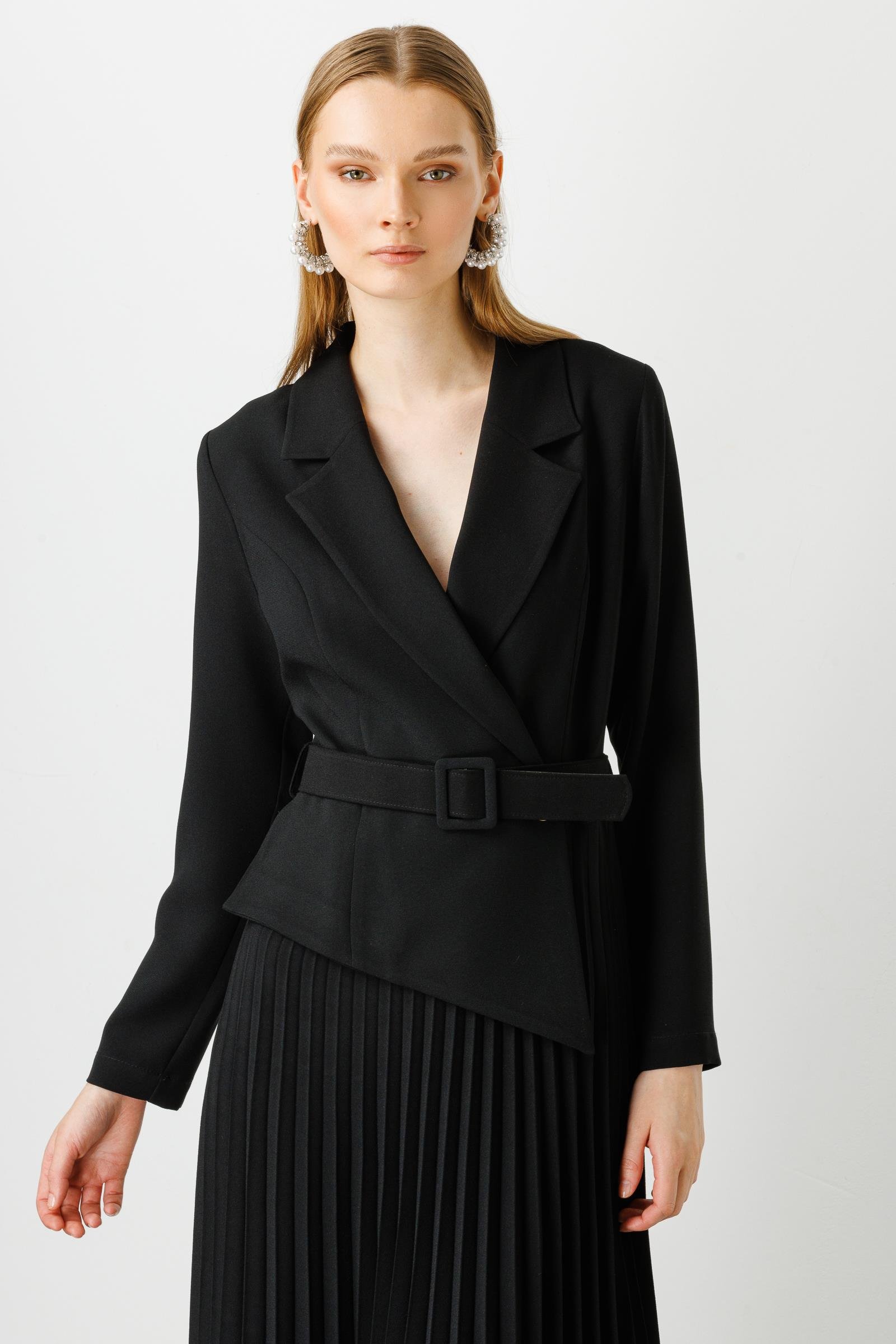 Modailgi  Kruvaze Kemerli Pilisoley Elbise Siyah