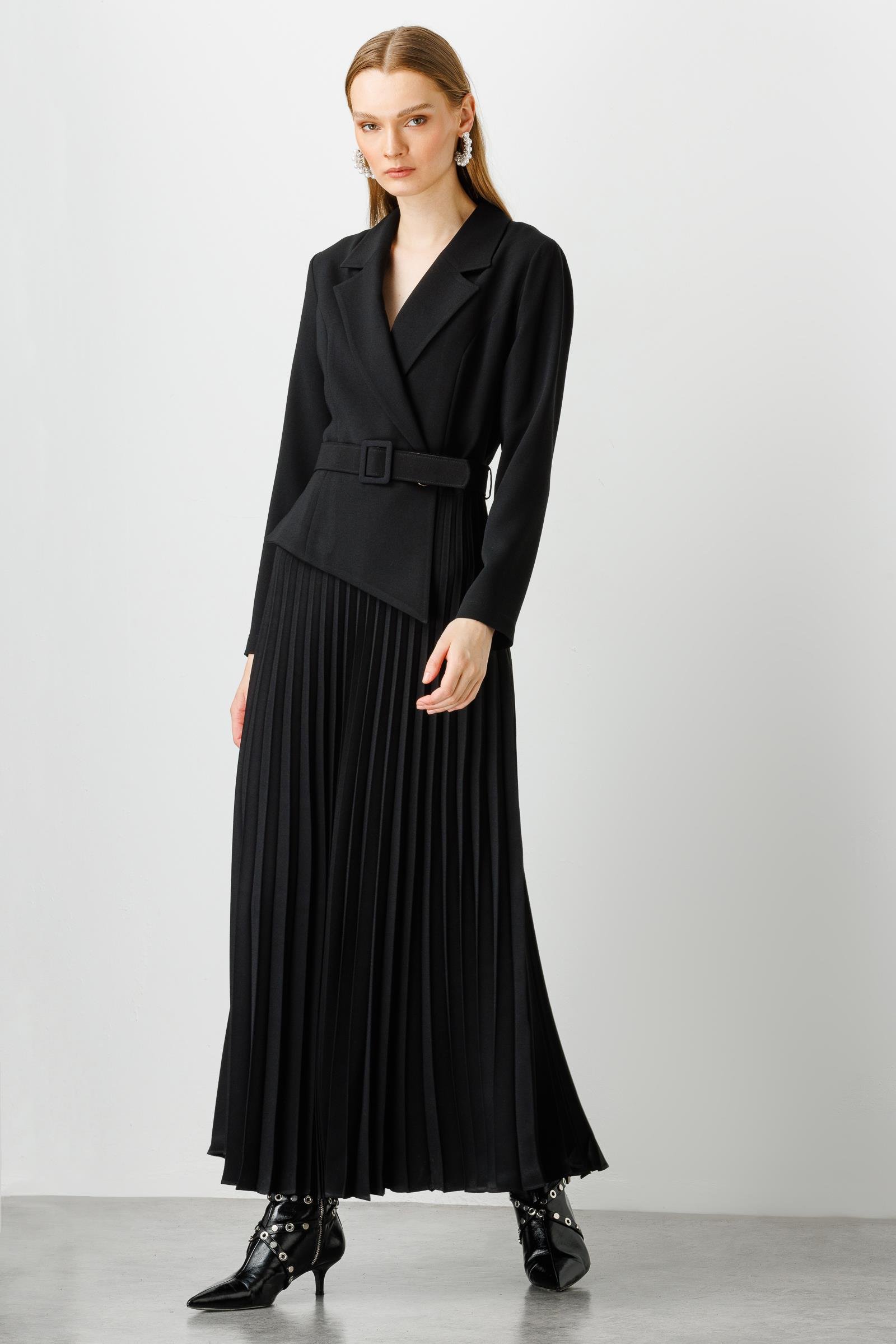 Modailgi  Kruvaze Kemerli Pilisoley Elbise Siyah