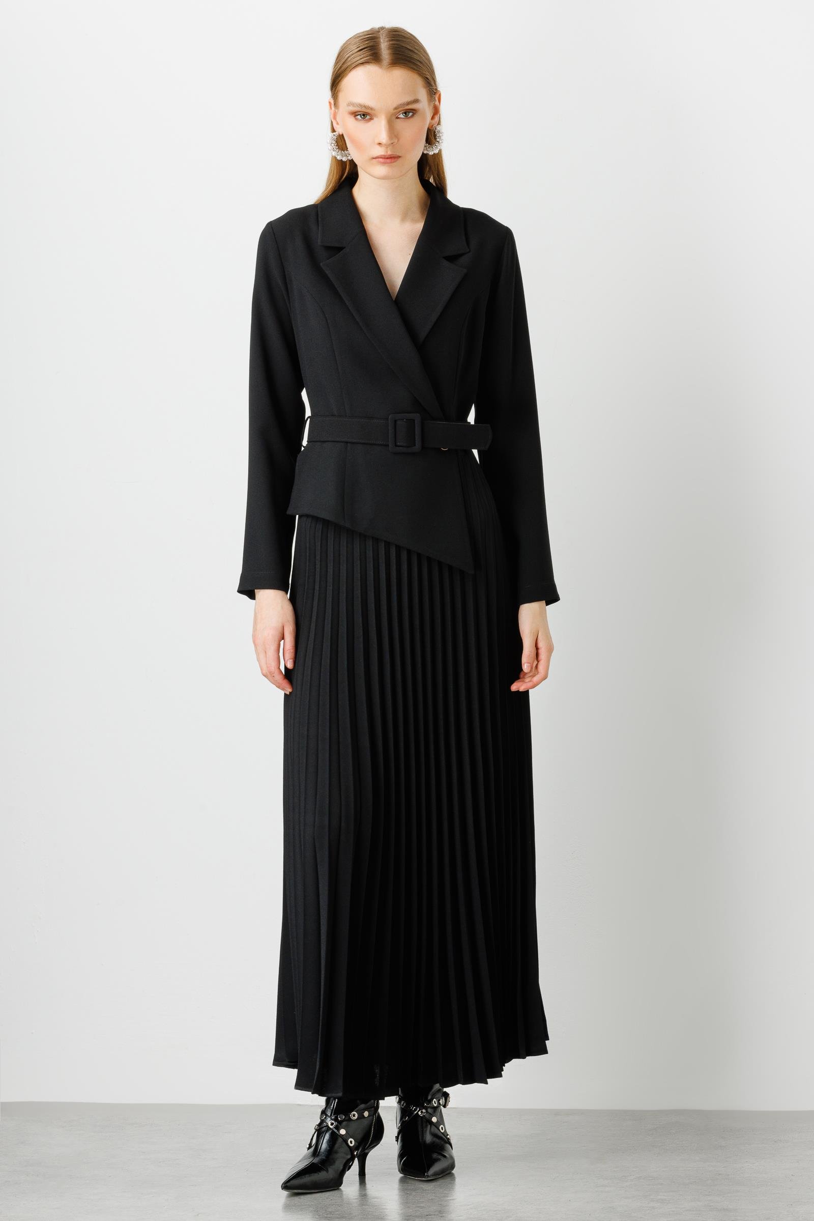 Modailgi  Kruvaze Kemerli Pilisoley Elbise Siyah