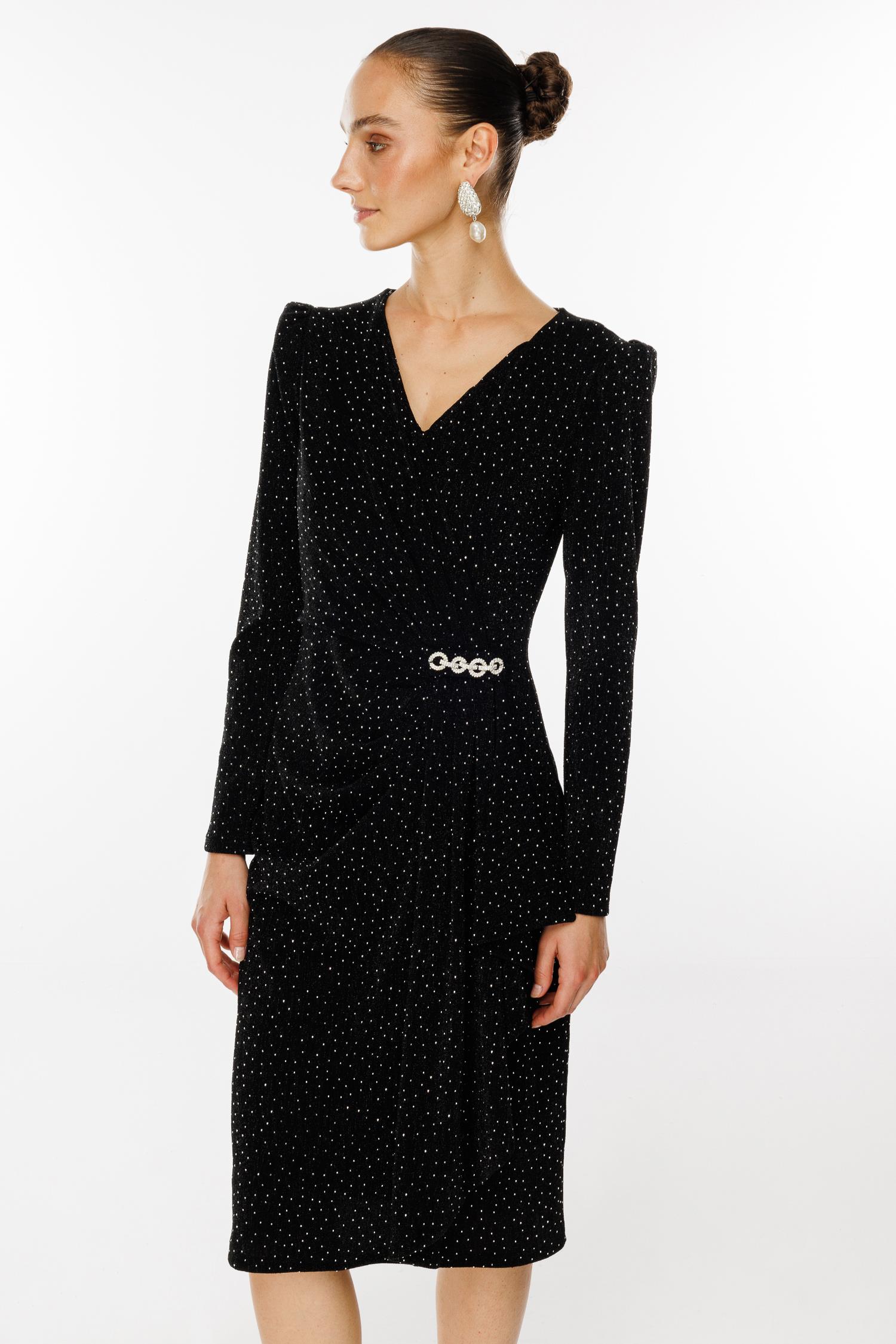 Modailgi  Kruvaze Volanlı Taşlı Örme Elbise Siyah