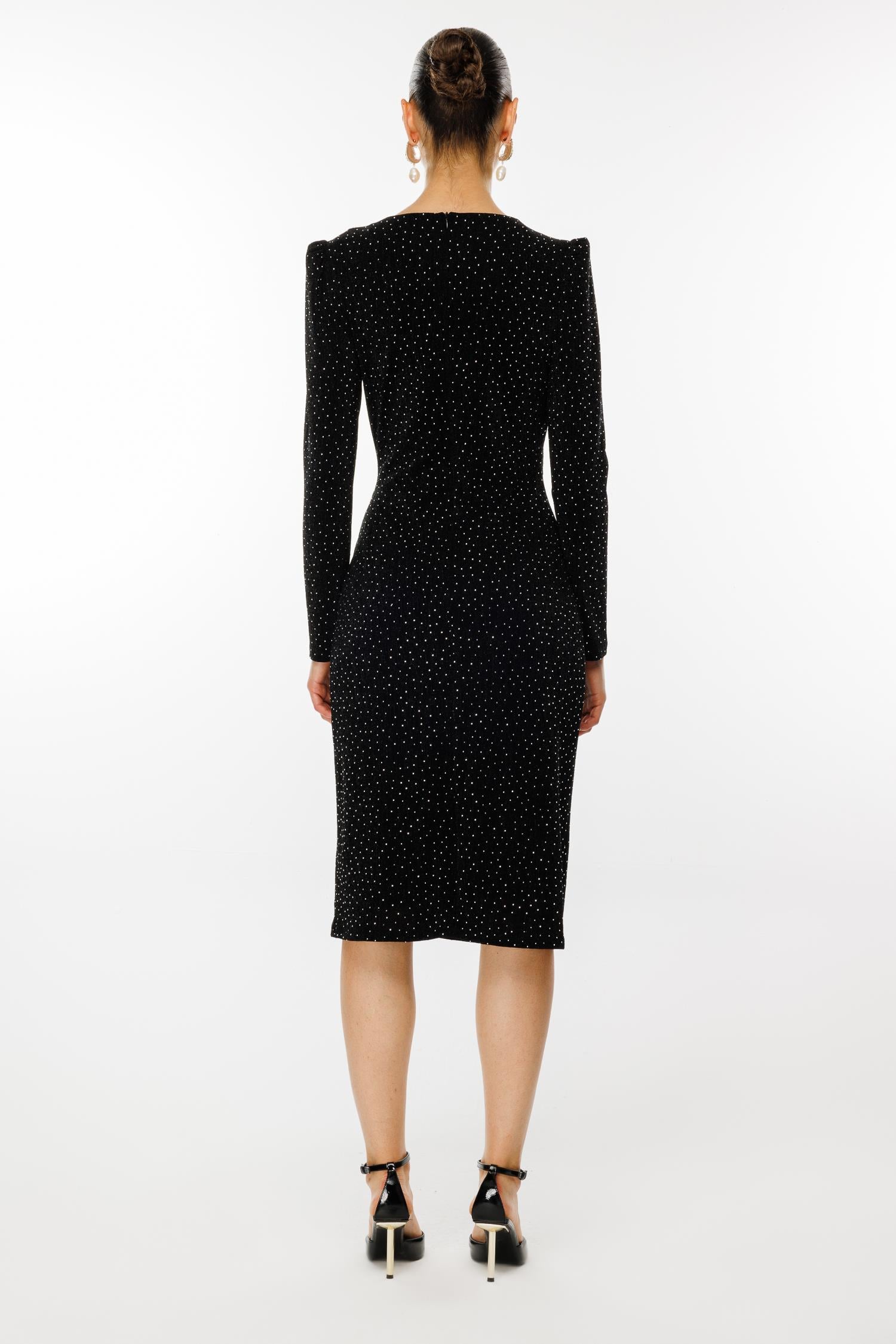 Modailgi  Kruvaze Volanlı Taşlı Örme Elbise Siyah