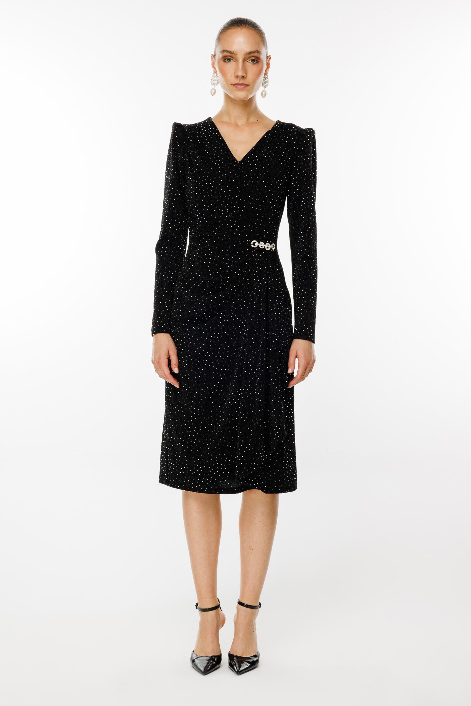 Modailgi  Kruvaze Volanlı Taşlı Örme Elbise Siyah