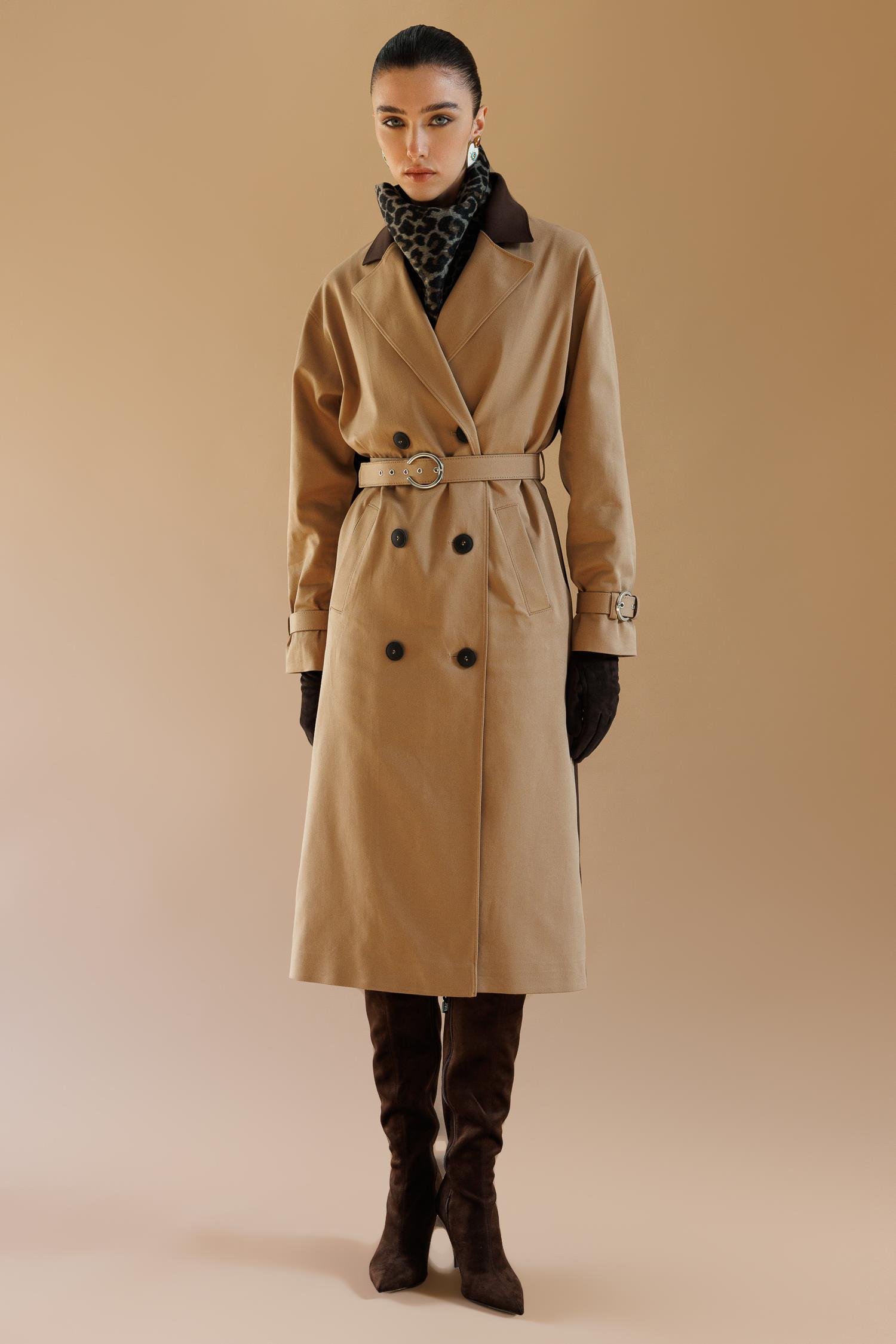 Modailgi  Kumaş Mix Detaylı Kruvaze Kapamalı Kemer Detaylı Oversize Trençkot Camel/Kahve