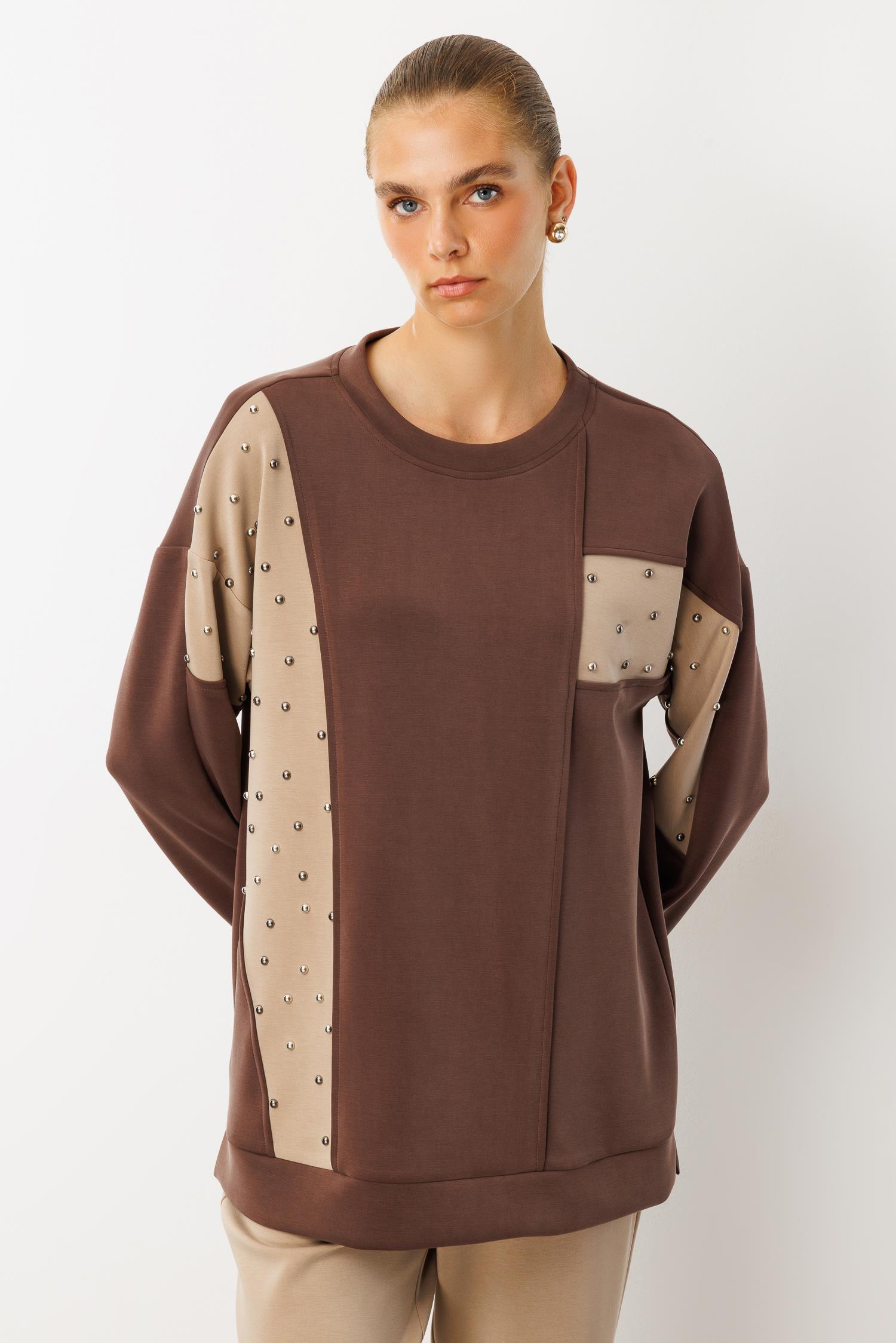 Modailgi  Kumaş Mix Detaylı Zımbalı Kesikli Oversize Örme Tunik - 40062 Kahve