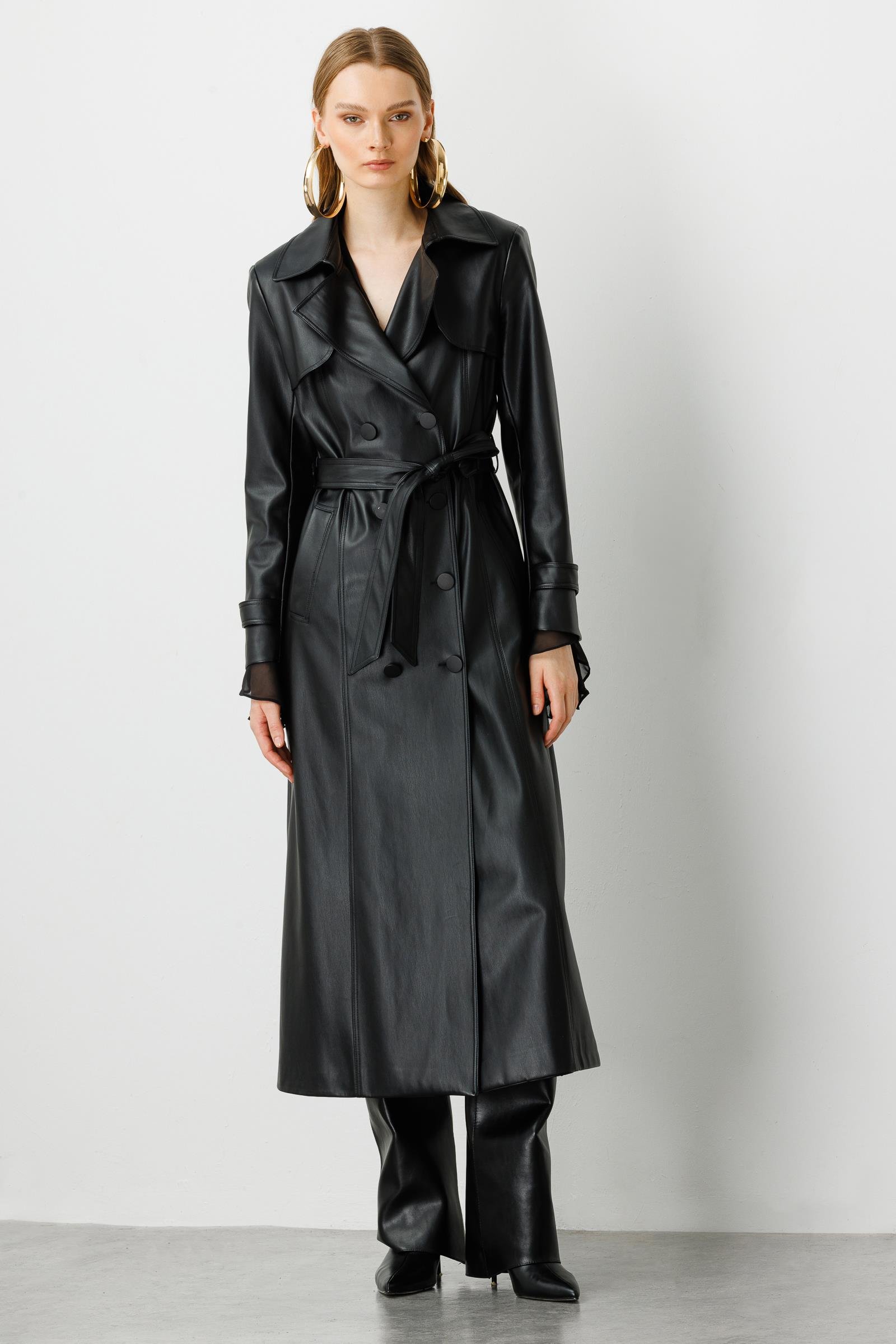 Modailgi  Kuşaklı Deri Trenç Siyah