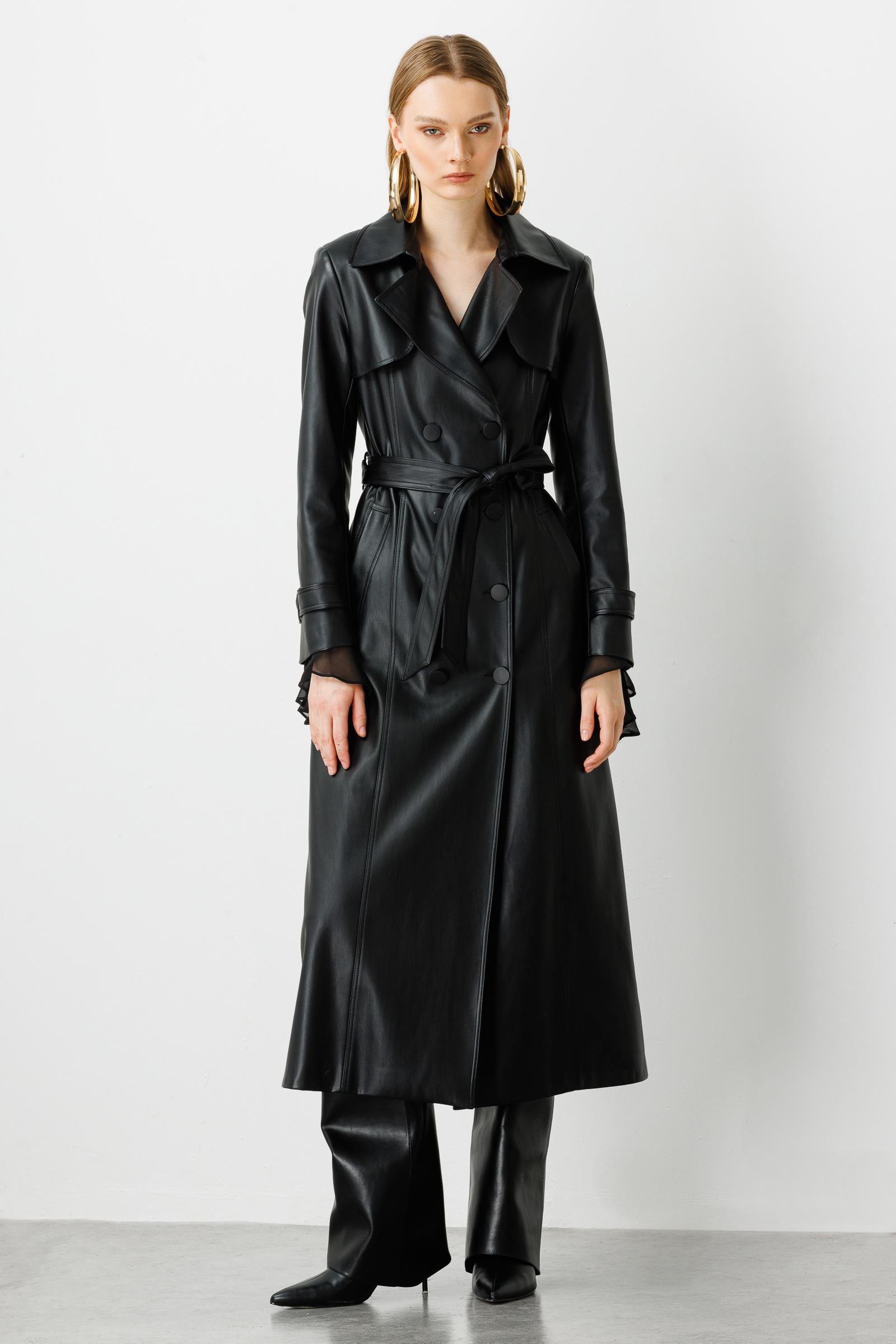 Modailgi  Kuşaklı Deri Trenç Siyah