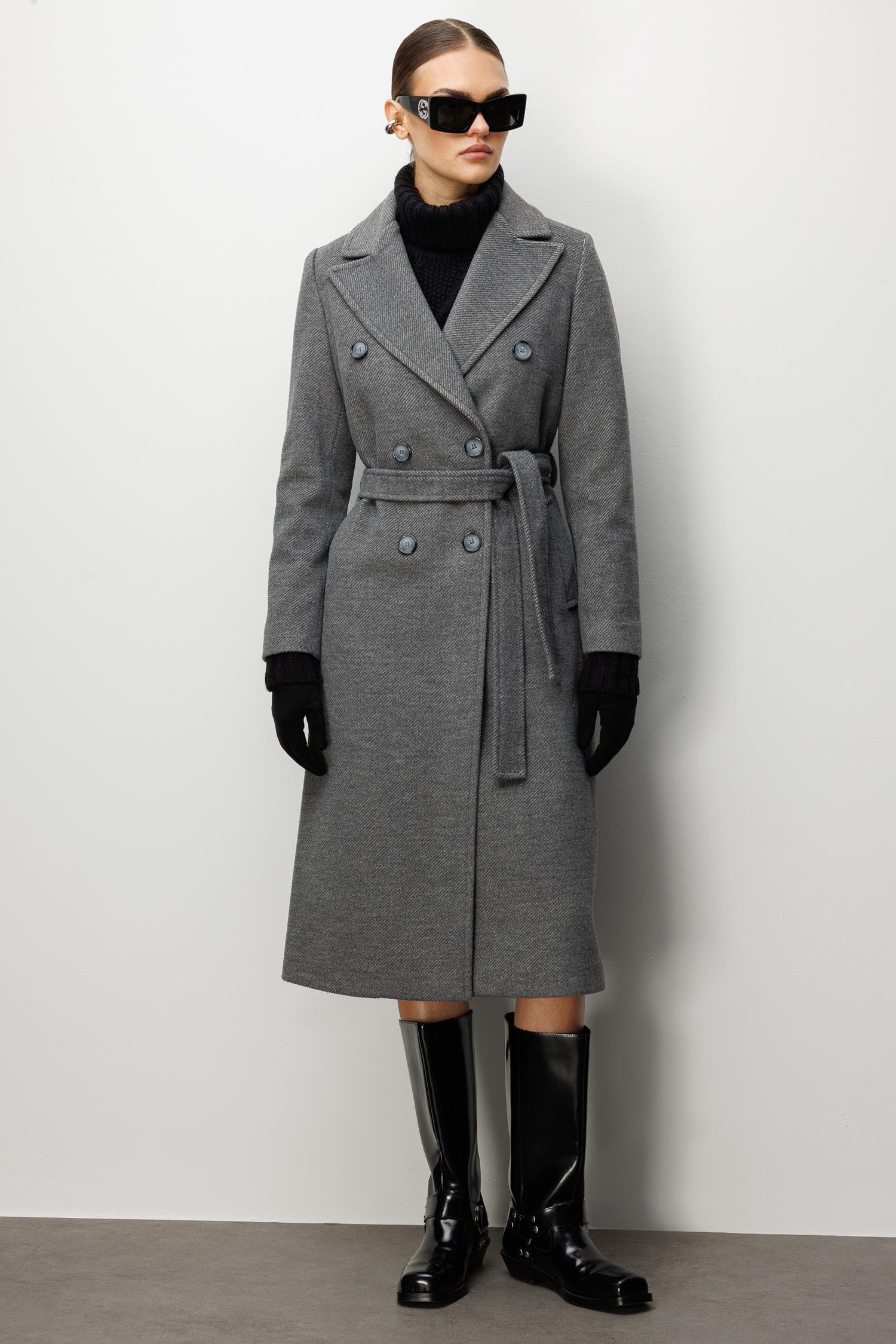 Modailgi  Kuşaklı Diyagonal Çizgili Kruvaze Kaban Gri