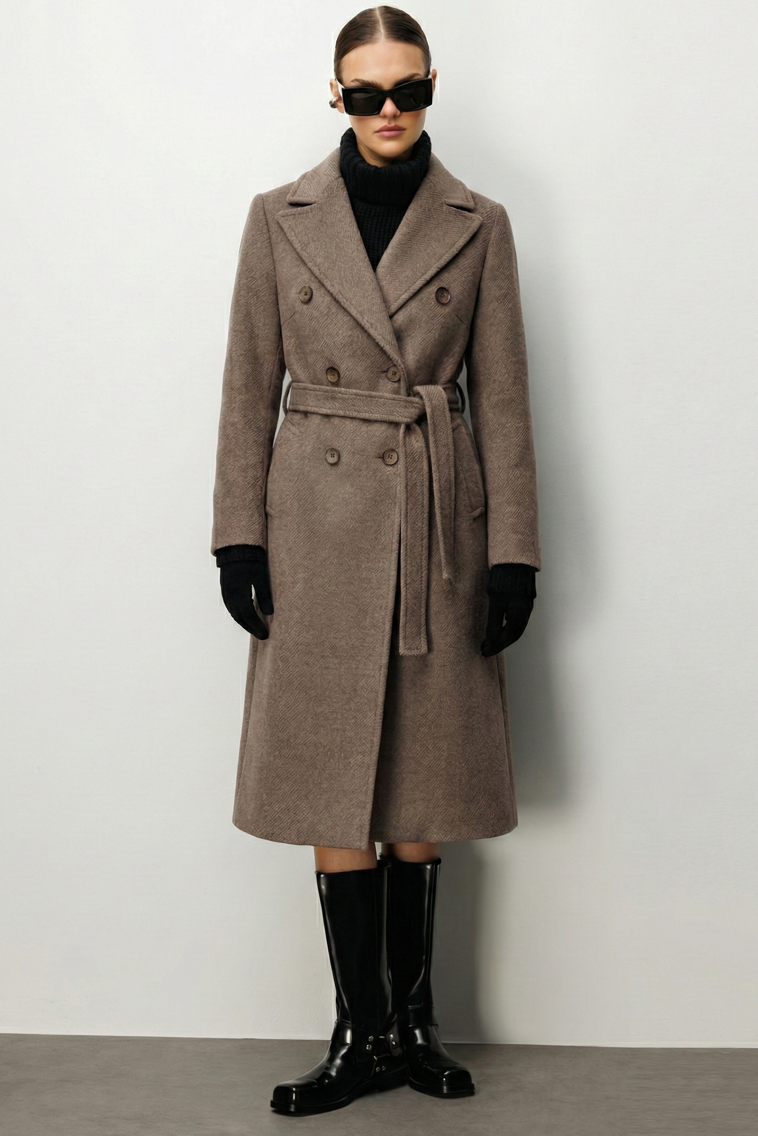 Modailgi  Kuşaklı Diyagonal Çizgili Kruvaze Kaban Kahve