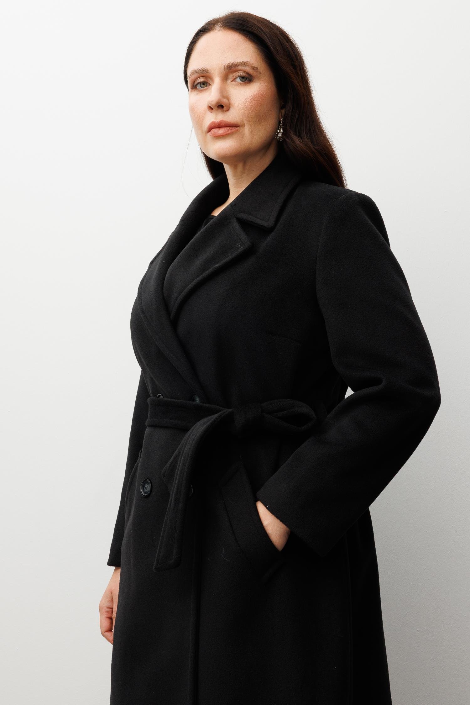 Modailgi  Kuşaklı Kruvaze Dört Düğmeli Kaban Siyah