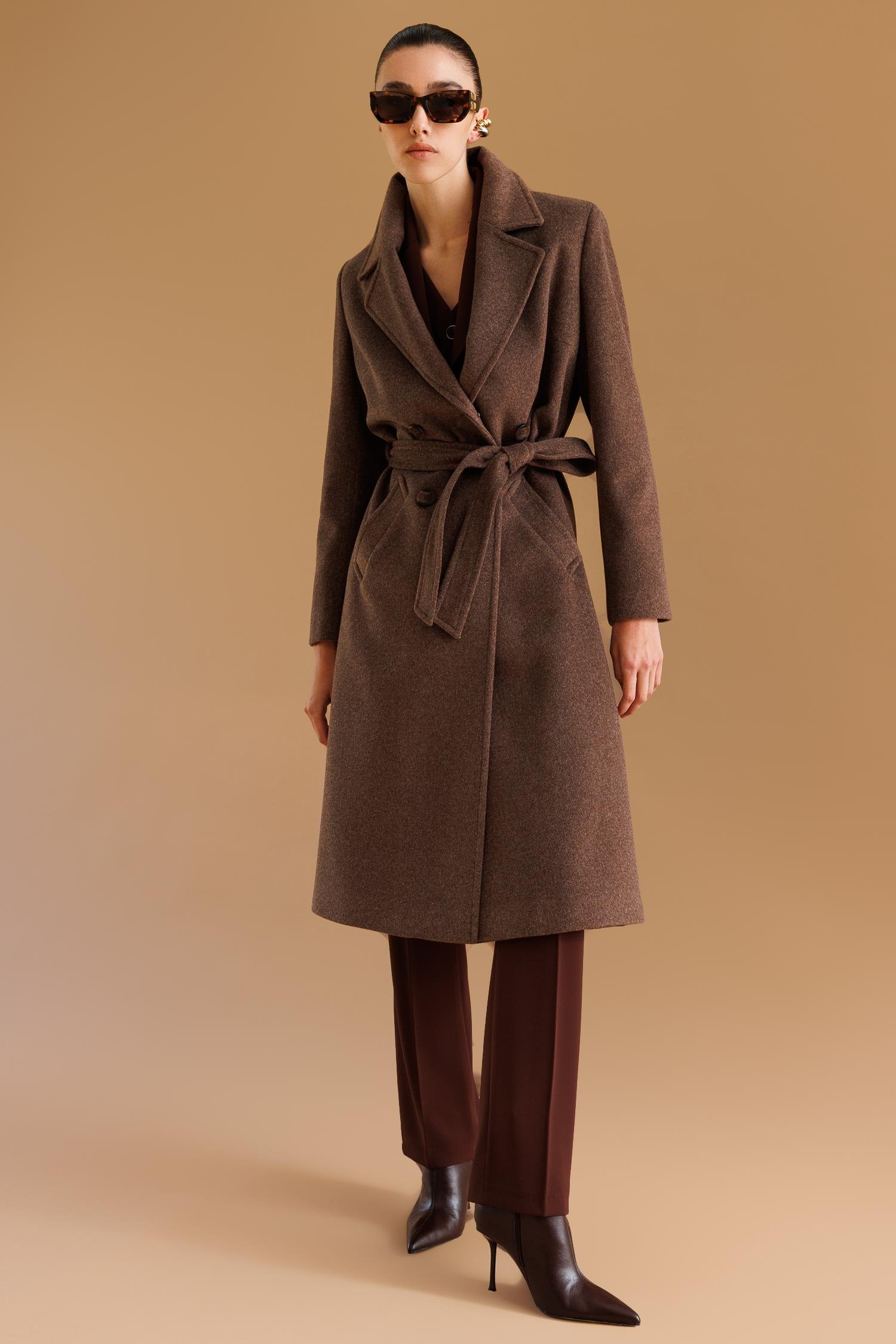 Modailgi  Kuşaklı Kruvaze Dört Düğmeli Kaban Kahve