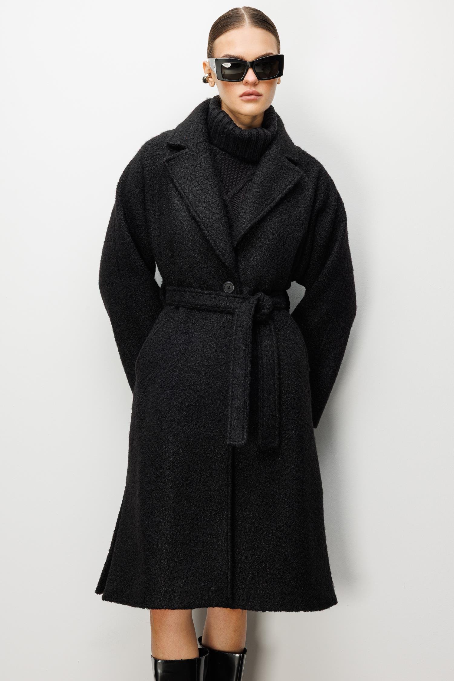 Modailgi  Kuşaklı Tek Düğmeli Buklet Kaban Siyah