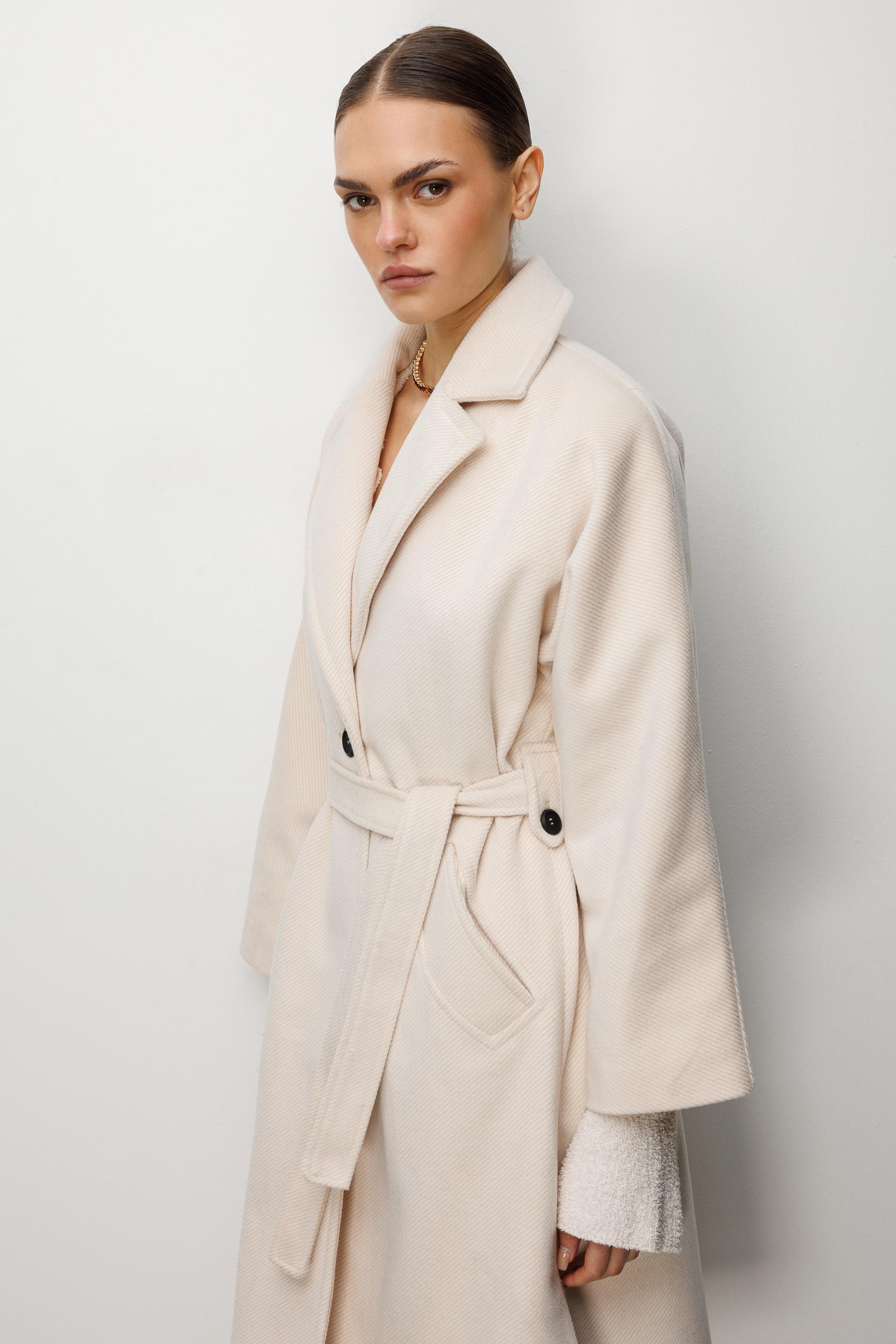 Modailgi  Kuşaklı Tek Düğmeli Diyagonal Çizgili Kaşe Kaban Bej