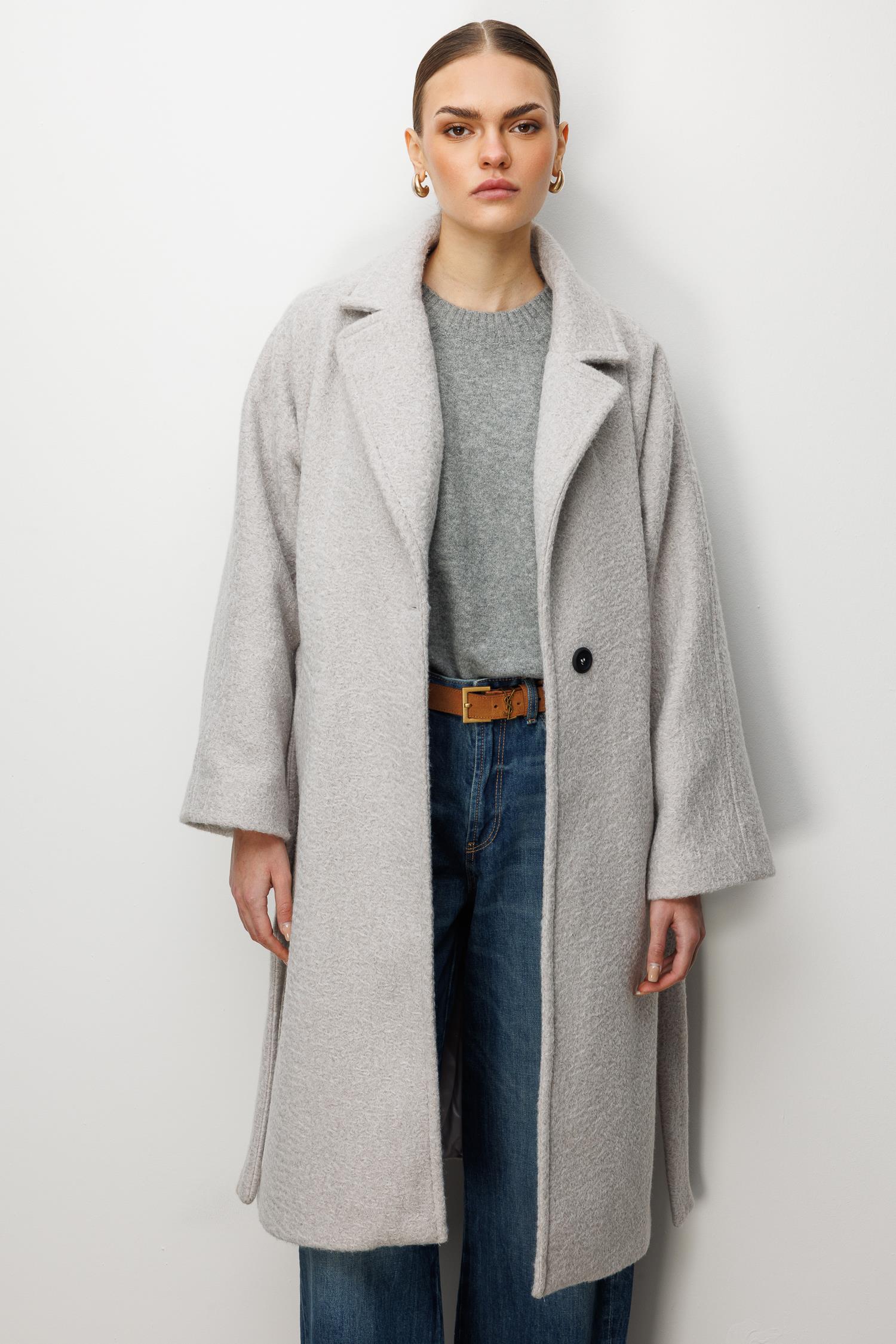 Modailgi  Kuşaklı Tek Düğmeli Diyagonal Çizgili Kaşe Kaban Gri