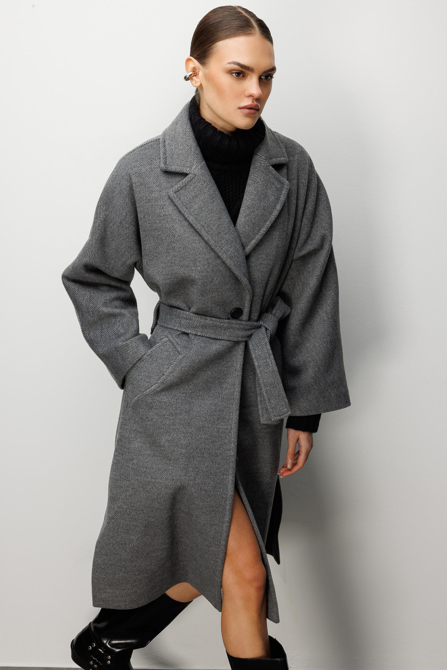 Modailgi  Kuşaklı Tek Düğmeli Diyagonal Çizgili Kaşe Kaban Antrasit