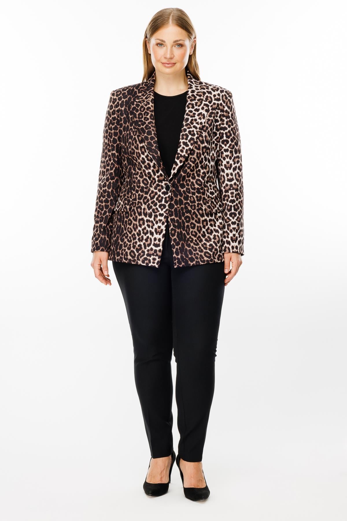Modailgi  Leopar Desen Mono Yaka Tek Düğme Ceket Siyah