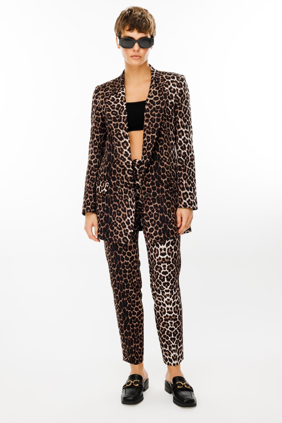 Modailgi  Leopar Desen Mono Yaka Tek Düğme Ceket Siyah