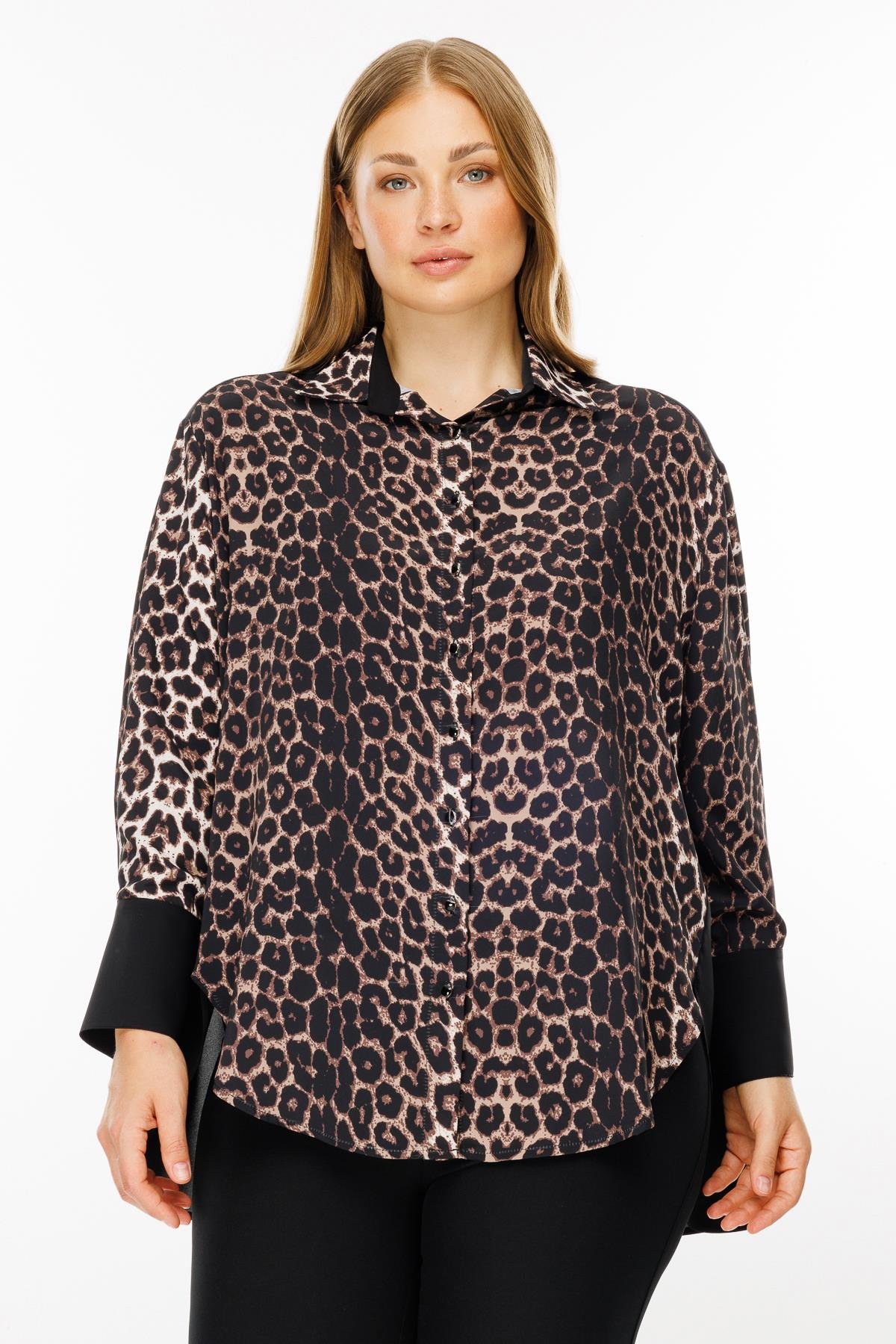 Modailgi  Leopar Desen Siyah Garnili Gömlek Siyah