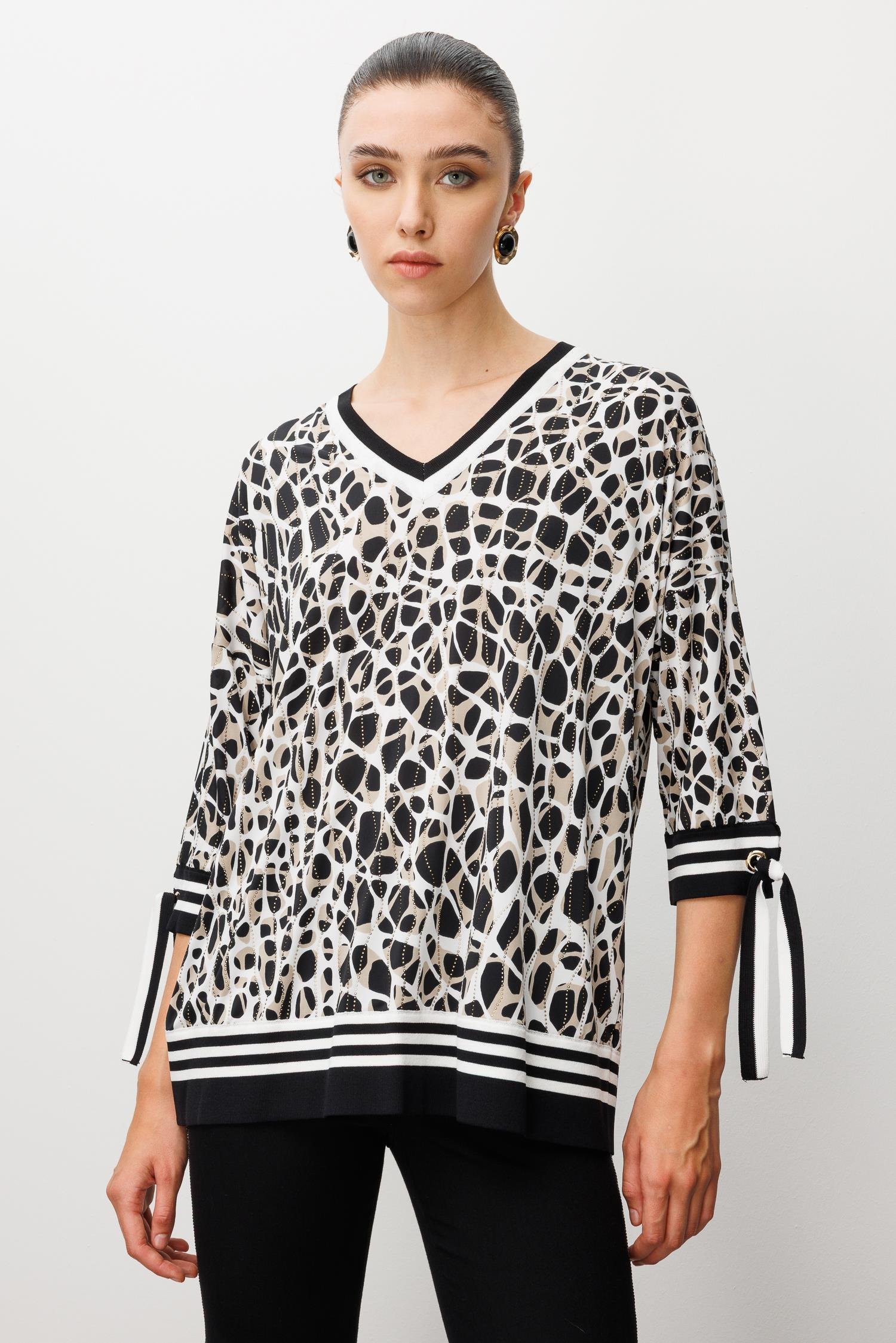 Modailgi  Leopar Desen V Yaka Kol Manşeti Bağcıklı Ribanalı Bluz Leopar