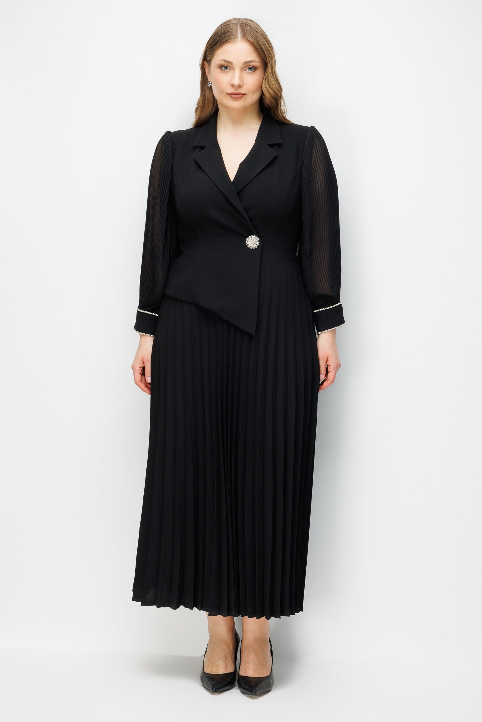 Modailgi Manşeti Taşlı Plisoley Elbise