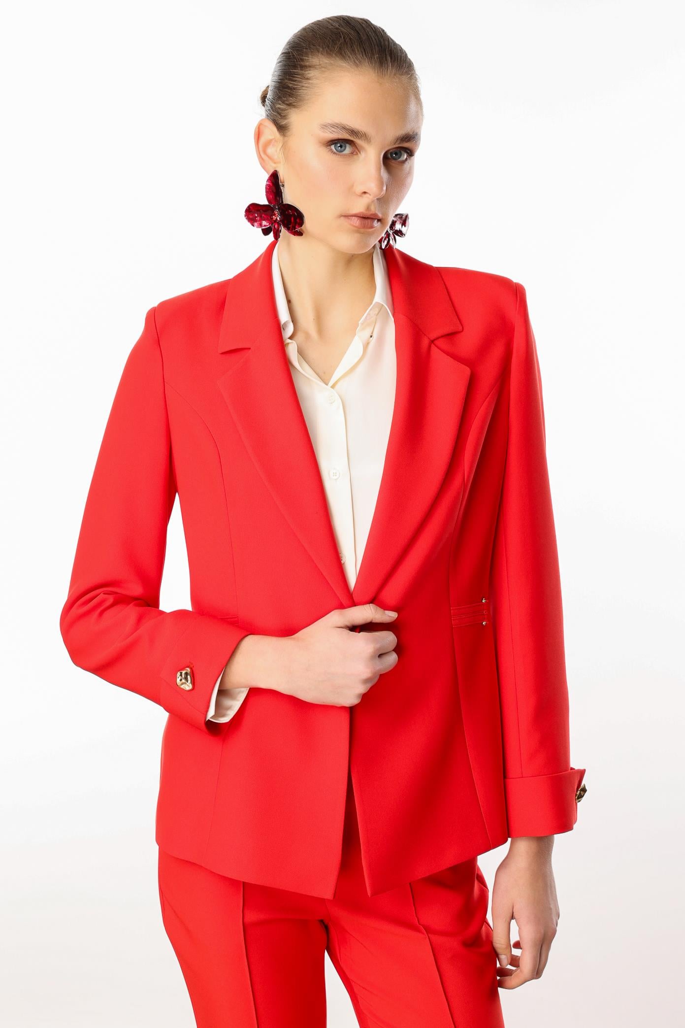 Modailgi  Metal Aksesuar Detaylı Tek Düğmeli Yarım Astarlı Ceket Mercan