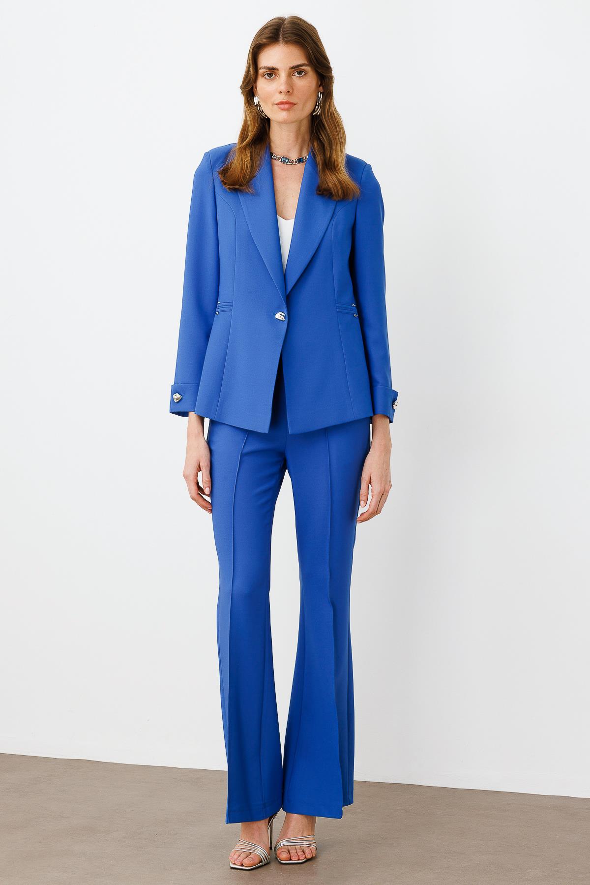 Modailgi  Metal Aksesuar Detaylı Tek Düğmeli Yarım Astarlı Ceket - 4658 Mavi