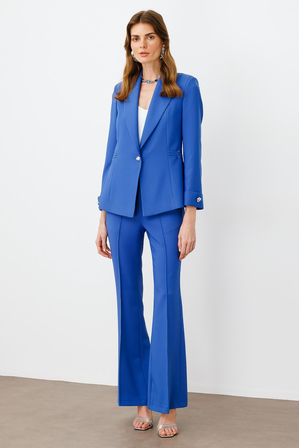 Modailgi  Metal Aksesuar Detaylı Tek Düğmeli Yarım Astarlı Ceket - 4658 Mavi