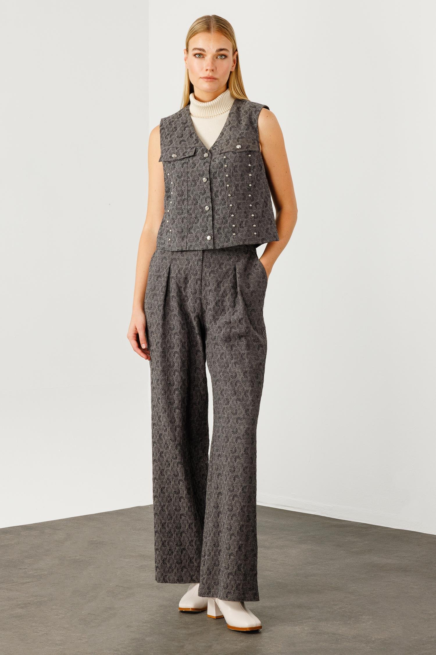 Modailgi  Metal Aksesuarlı Jakar Kumaşlı Yelek Gri