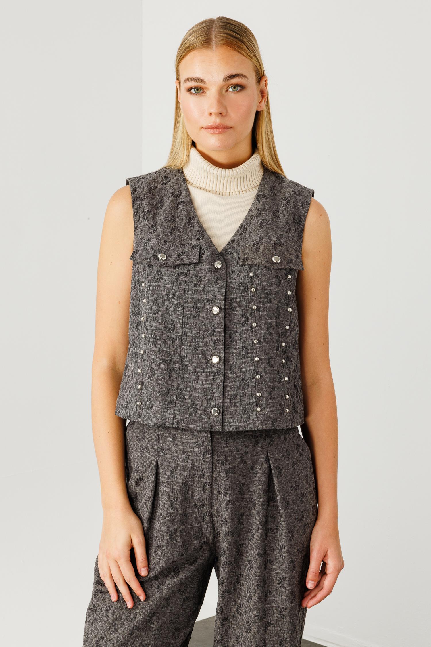 Modailgi  Metal Aksesuarlı Jakar Kumaşlı Yelek Gri