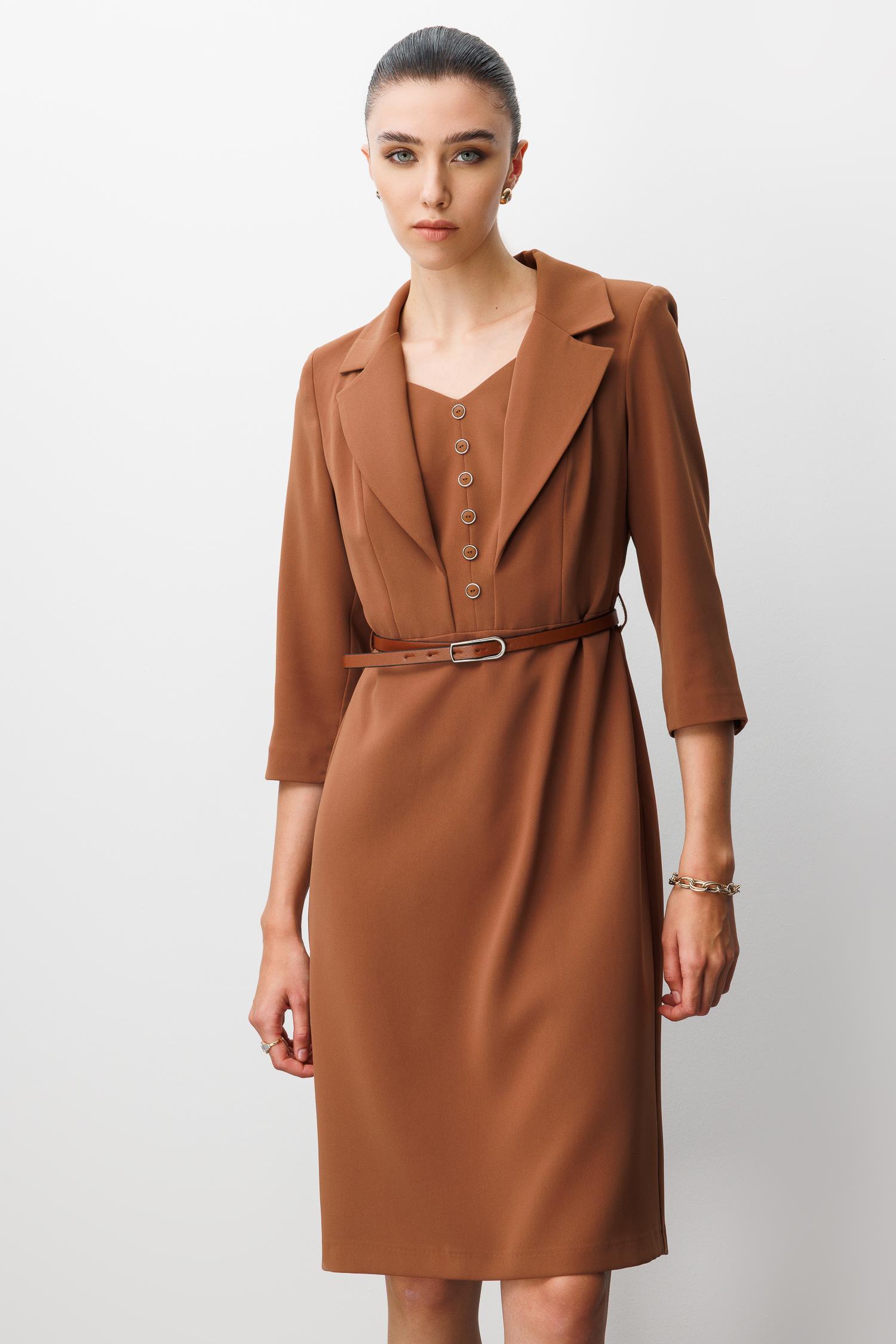 Modailgi  Mono Yaka Beli Kesik Ve Kemer Aksesuarlı Truvakar Kol Elbise Tarçın