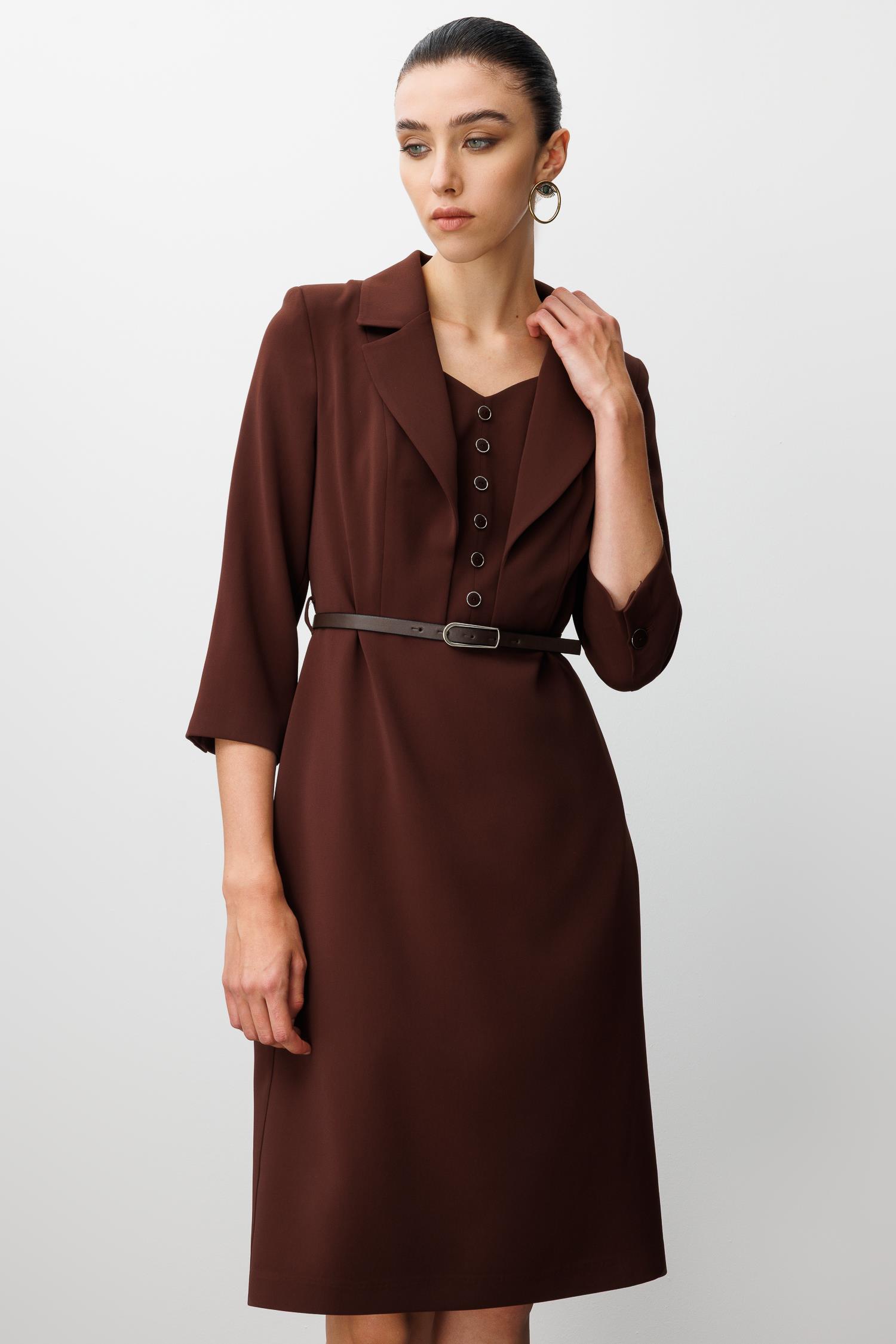Modailgi  Mono Yaka Beli Kesik Ve Kemer Aksesuarlı Truvakar Kol Elbise Kahve