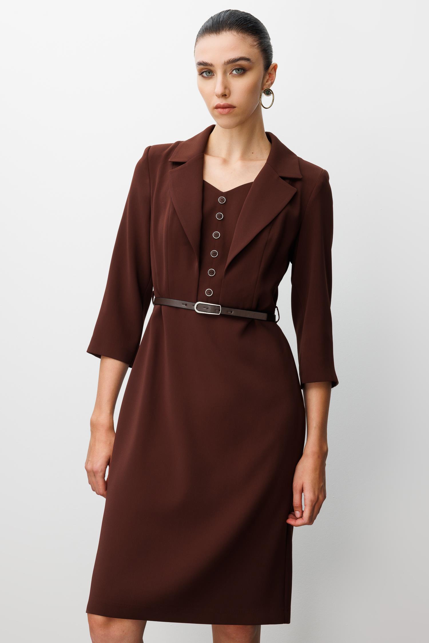 Modailgi  Mono Yaka Beli Kesik Ve Kemer Aksesuarlı Truvakar Kol Elbise Kahve