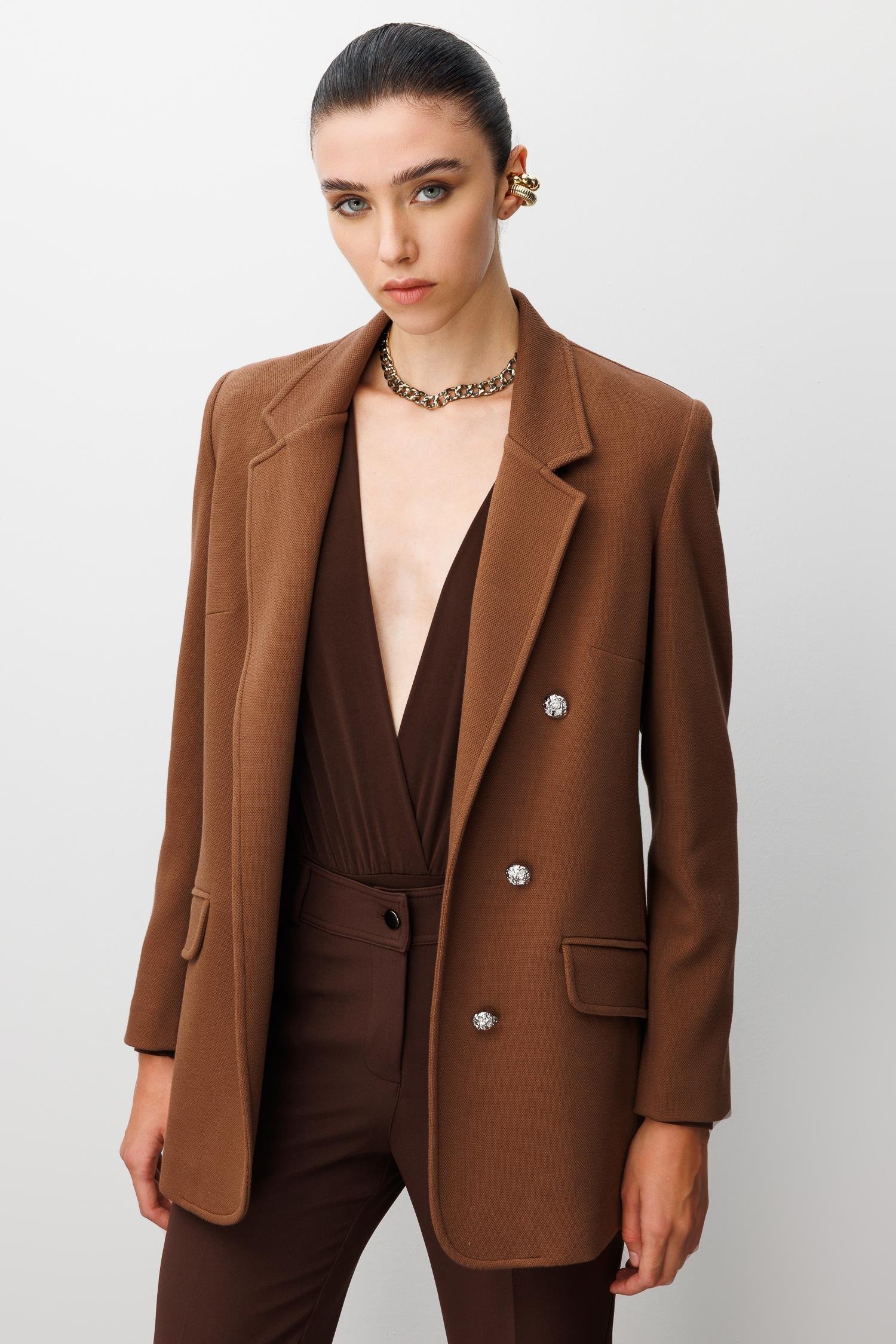 Modailgi  Mono Yaka Cep Kapaklı Uzun Ceket Kahve