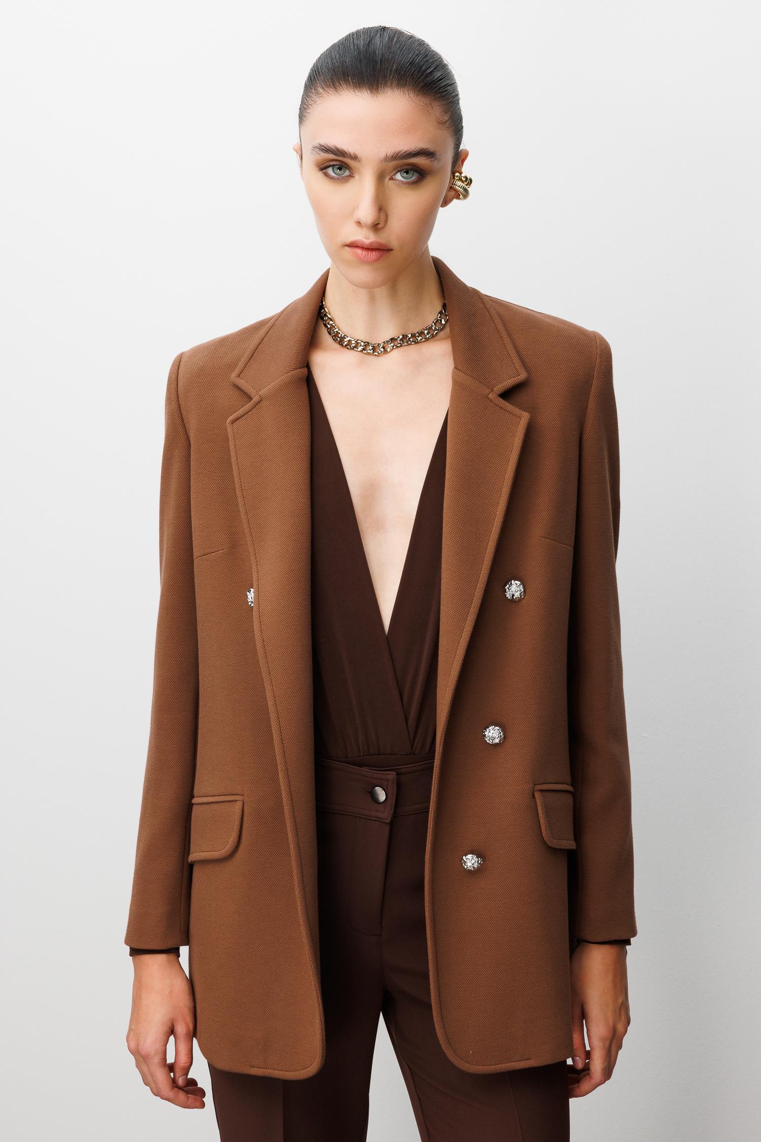 Modailgi  Mono Yaka Cep Kapaklı Uzun Ceket Kahve