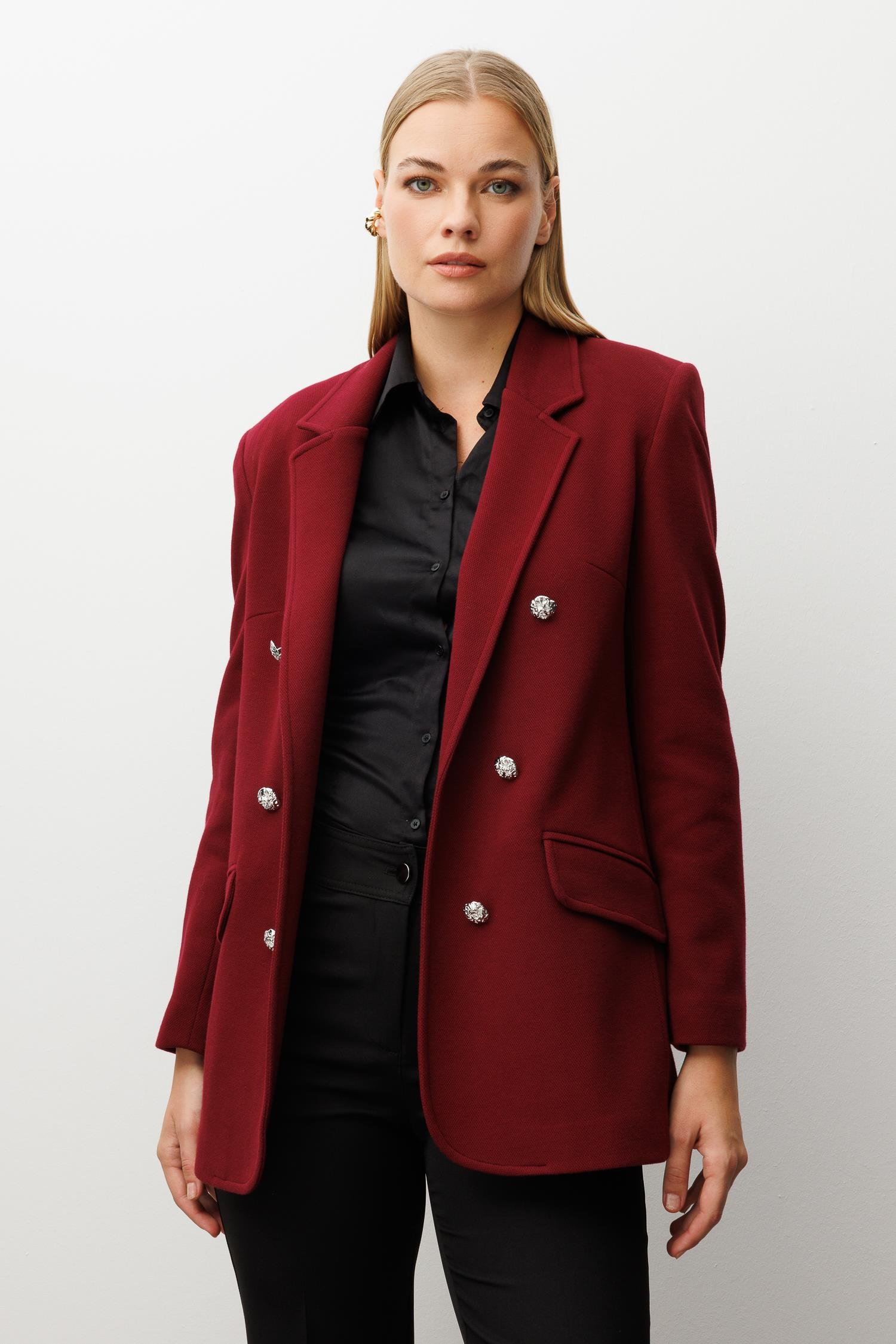 Modailgi  Mono Yaka Cep Kapaklı Uzun Ceket Bordo